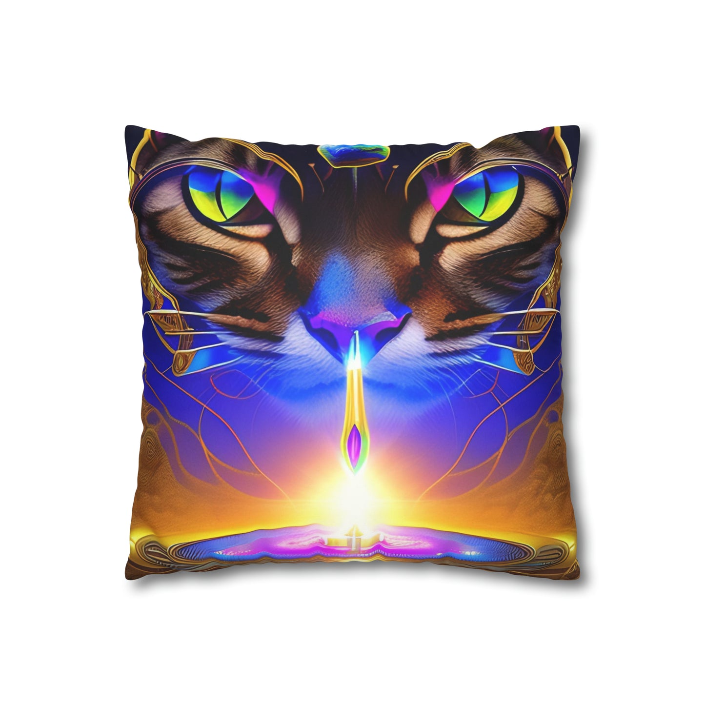 Divine Arts Faux Suede Double-Sided Art Square Pillow Case in Four Sizes - Fantasy Galaxy Space Cat Lover Male Brown Tabby Cat with Ornate Golden Face Armor and Magenta Crystal Wielding the Merkaba Pillow Cover