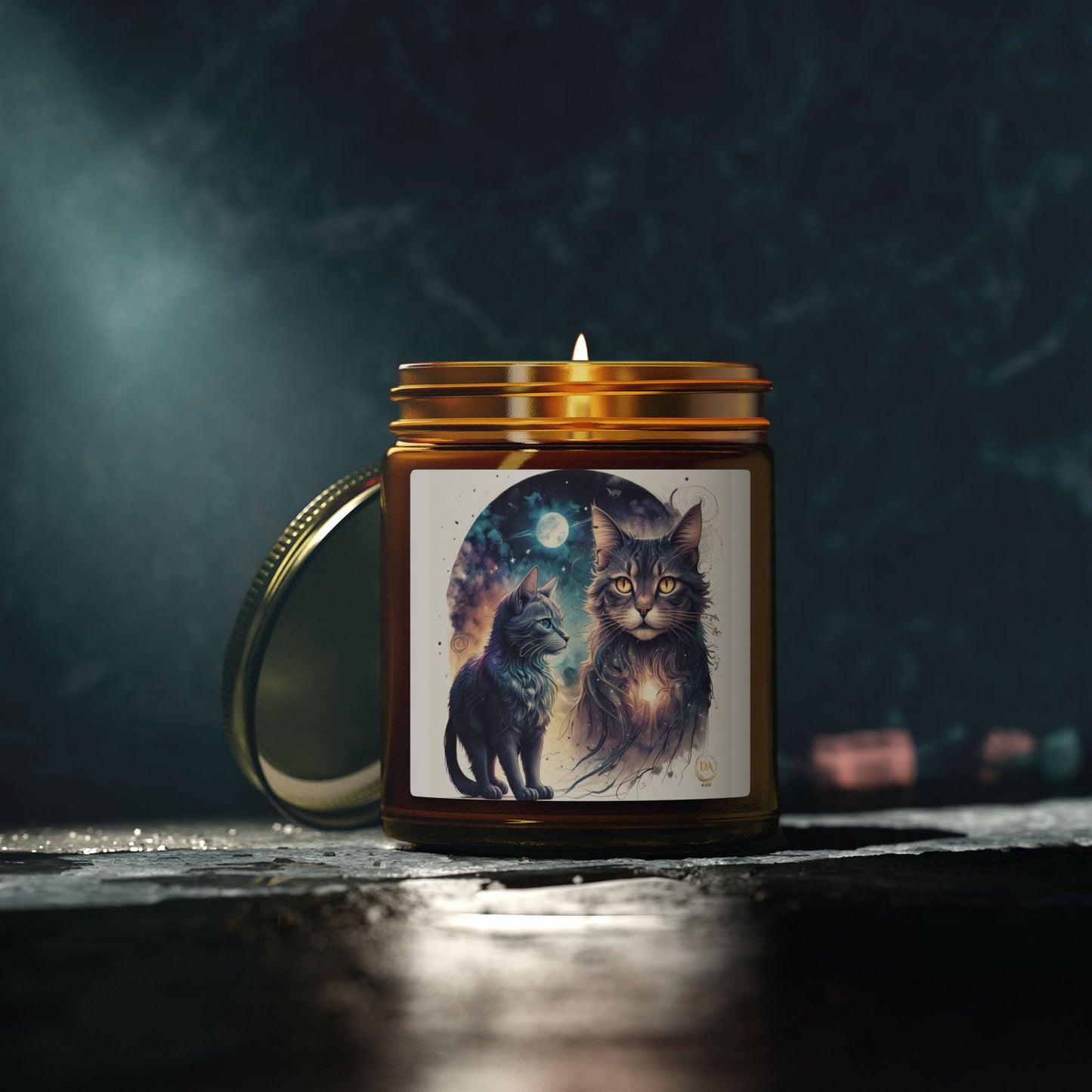 Premium Coconut Apricot Wax Scented Candles, Various Floral & Spice Fragrances (4oz), Spiritual Christmas Holiday Cat Lover Pet Gift, Ginger, White, Brown Tabby & Gray Cats Galaxy Space Fantasy Cat Art, by Divine Arts