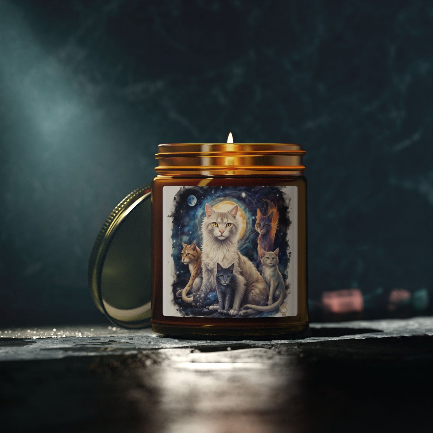 Premium Coconut Apricot Wax Scented Candles, Various Floral & Spice Fragrances (4oz), Spiritual Christmas Holiday Cat Lover Pet Gift, Ginger, White, Gray & Brown Cats Galaxy Space Fantasy Cat Art, by Divine Arts