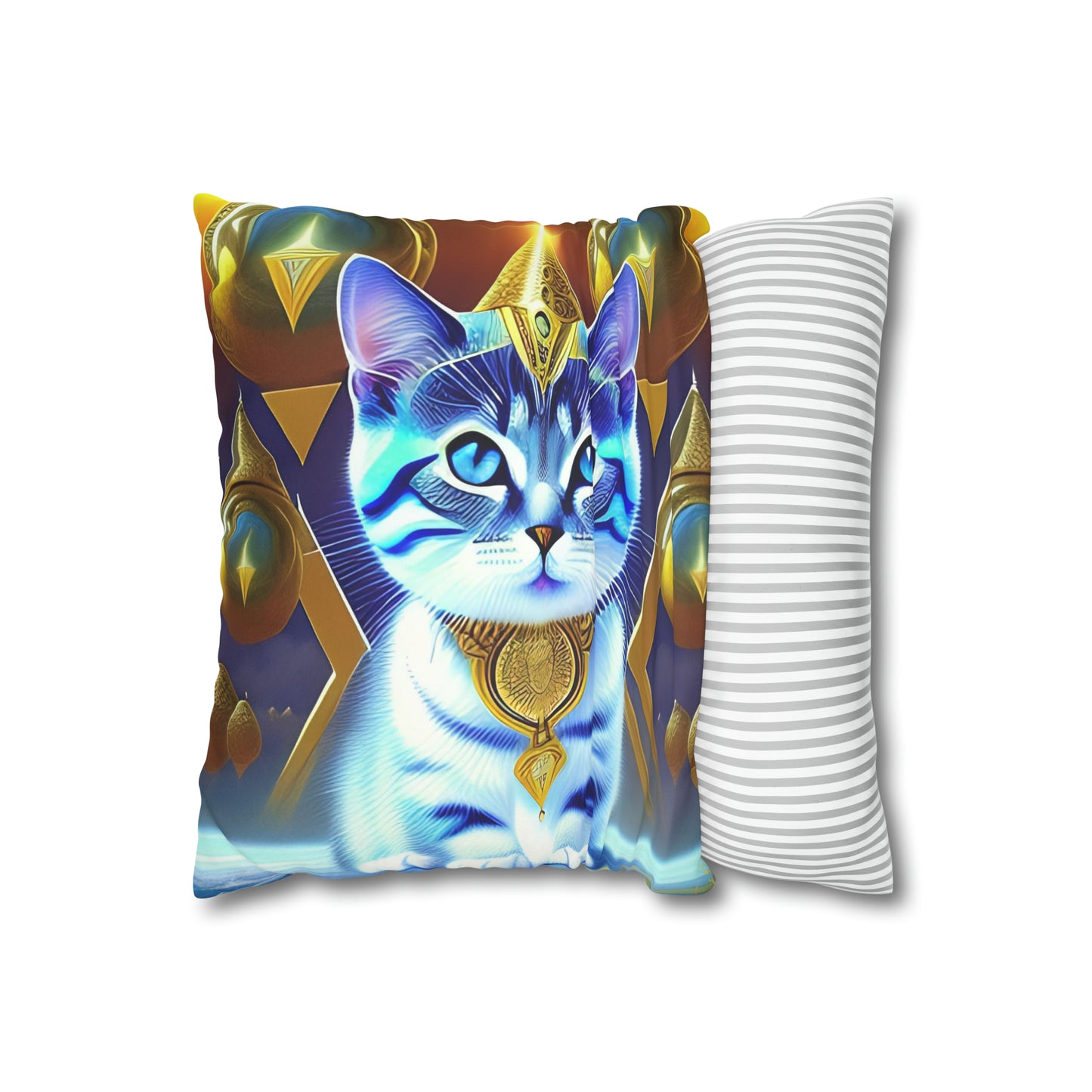 Divine Arts Faux Suede Double-Sided Square Pillow Case in Four Sizes - Fantasy Galaxy Space Cat Lover Male Gray and White Tabby Kitten with Blue Eyes in Golden Merkaba Chamber Wielding the Merkab