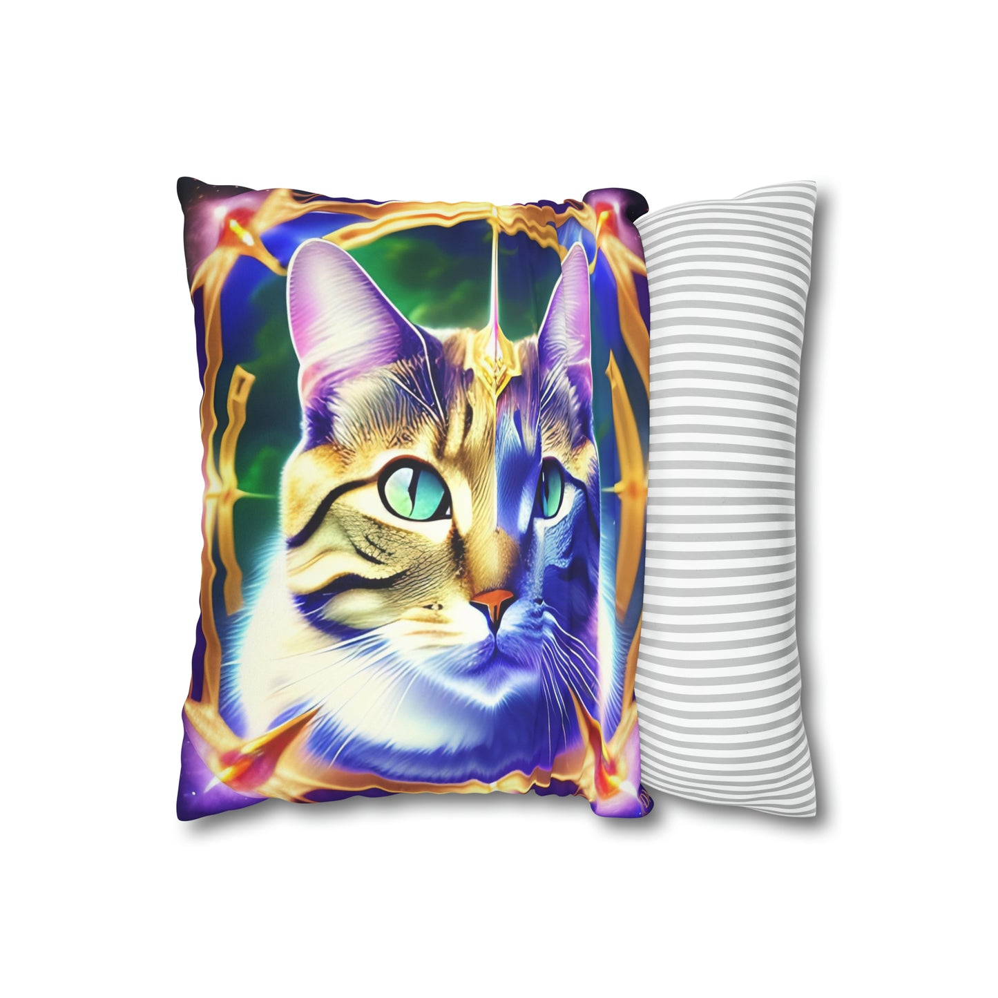 Divine Arts Faux Suede Double-Sided Square Pillow Case - Fantasy Galaxy Space Cat Lover  Large Close Up View of the Face of a Male Brown Tabby Cat with Green Eyes and Green Aura From Weilding the Merkaba Pillow Cover in Four Sizes