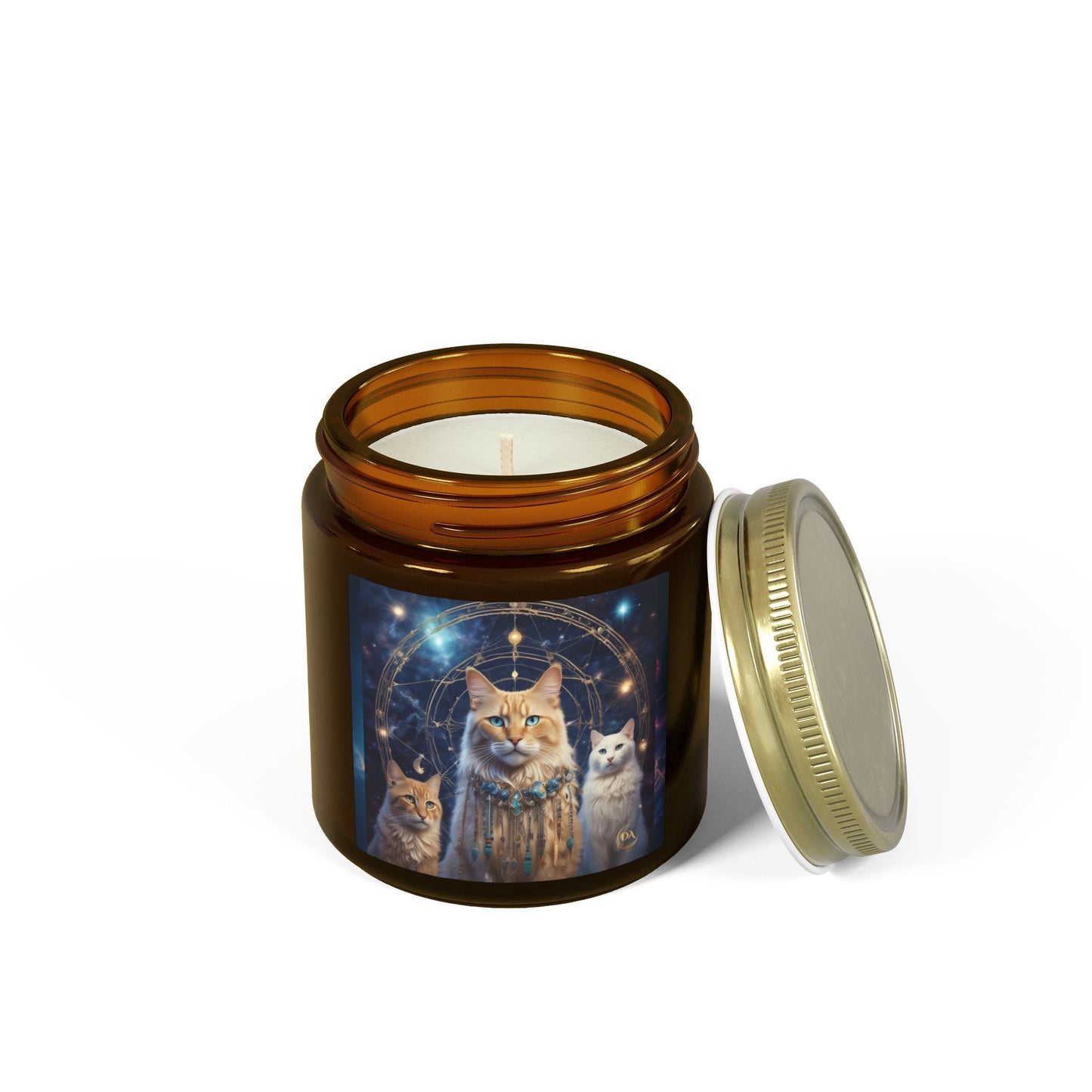Premium Coconut Apricot Wax Scented Candles, Various Floral & Spice Fragrances (4oz), Spiritual Christmas Holiday Cat Lover Pet Gift, Ginger & White Cats Galaxy Space Fantasy Tribal Art, by Divine Arts