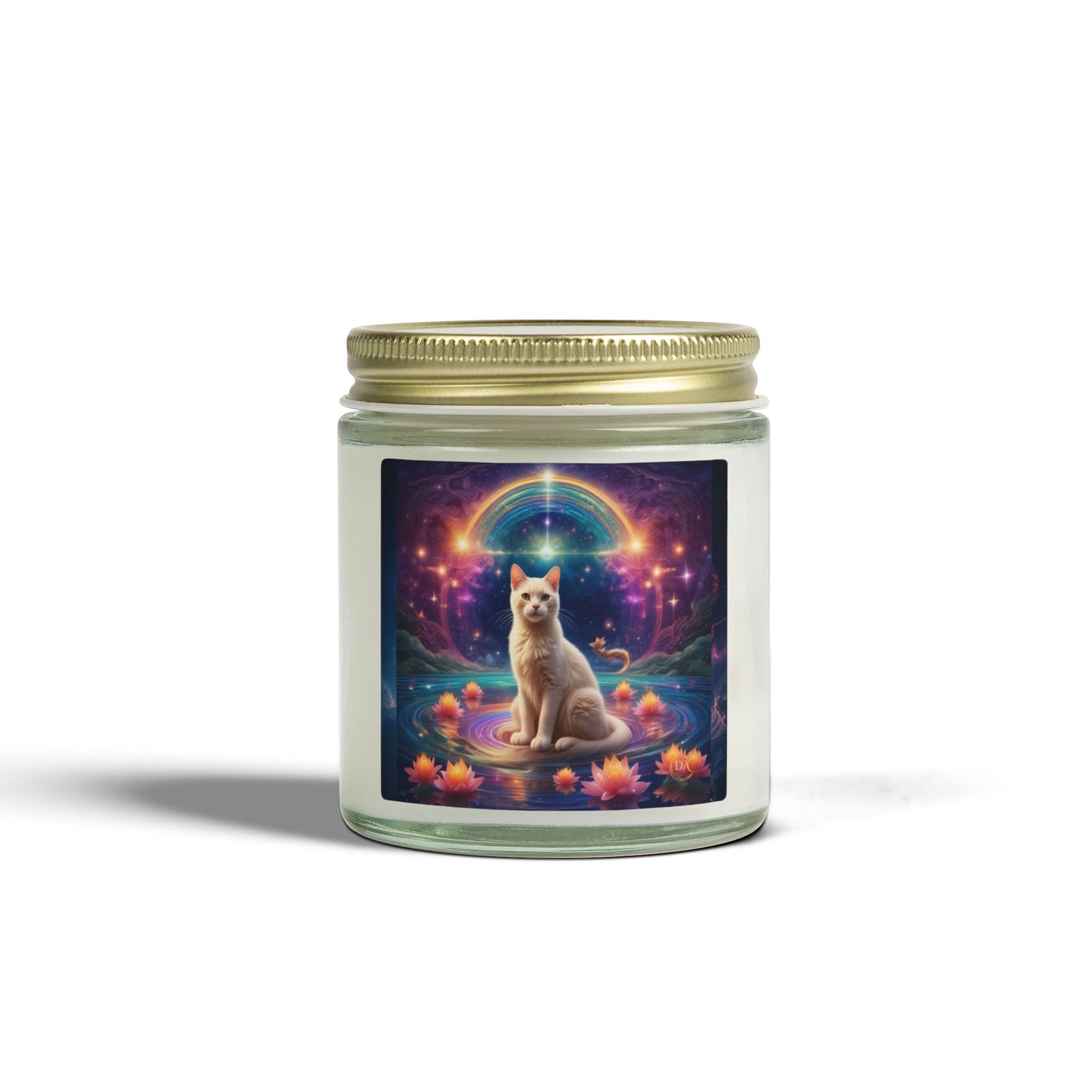 Premium Coconut Apricot Wax Scented Candles, Various Floral & Spice Fragrances (4oz), Spiritual Christmas Holiday Cat Lover Pet Gift, White Brown Cat in Sparkling Rainbow Lotus Field Pool, Fantasy Galaxy Space Cat Art , by Divine Arts