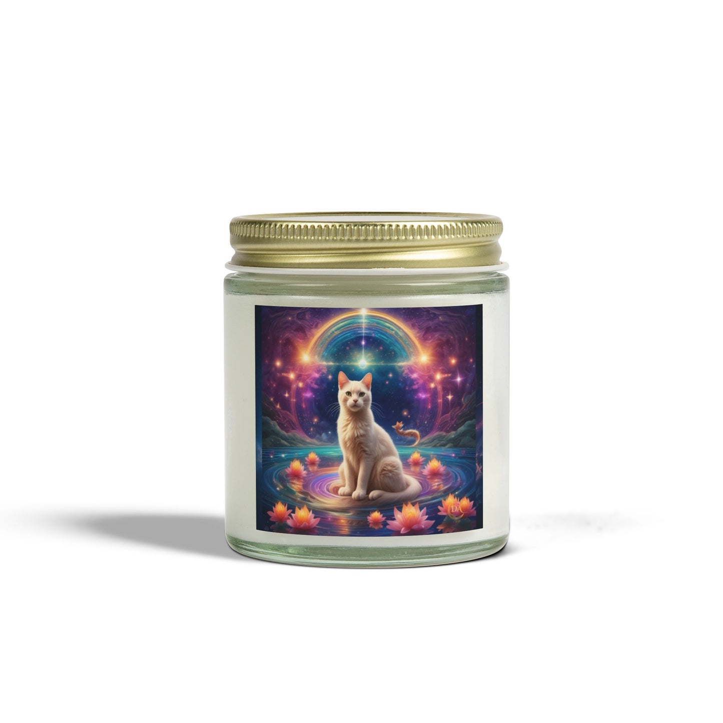 Premium Coconut Apricot Wax Scented Candles, Various Floral & Spice Fragrances (4oz), Spiritual Christmas Holiday Cat Lover Pet Gift, White Brown Cat in Sparkling Rainbow Lotus Field Pool, Fantasy Galaxy Space Cat Art , by Divine Arts