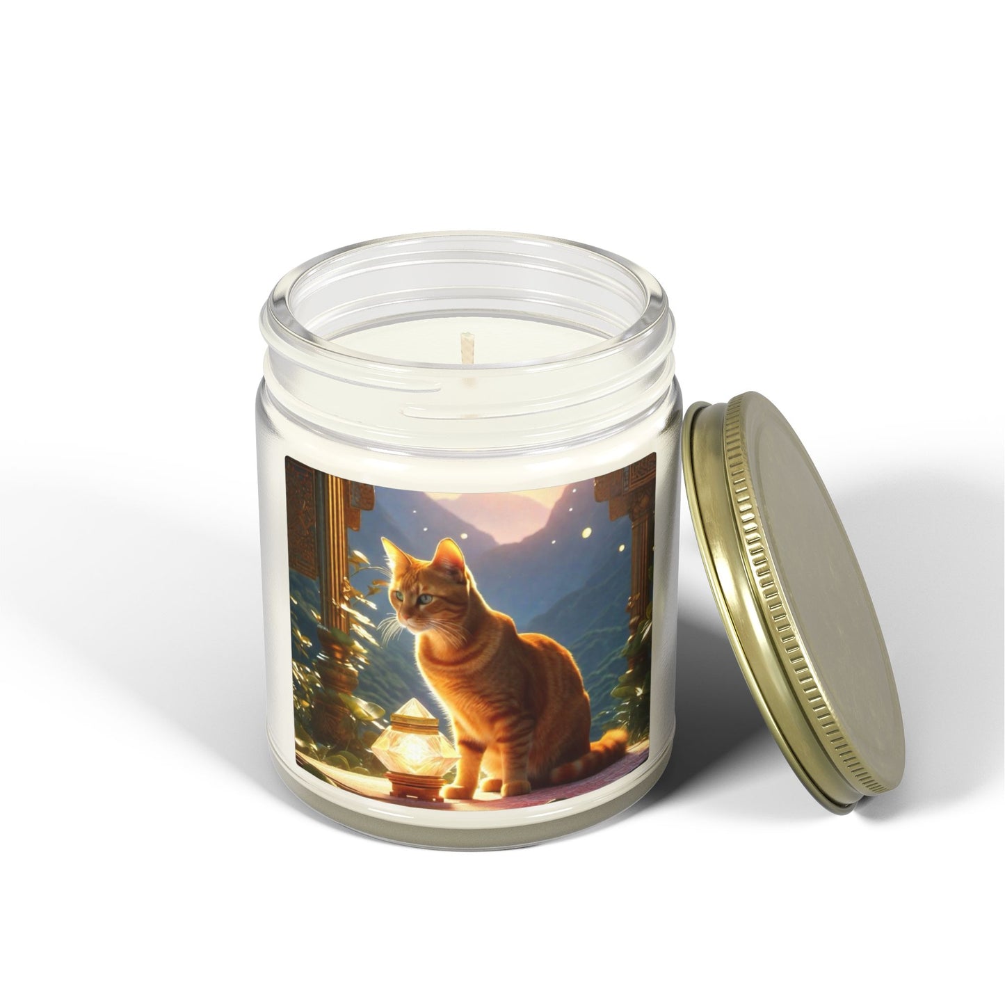 Premium Coconut Apricot Wax Scented Candles, Various Floral & Spice Fragrances (4oz), Spiritual Christmas Holiday Cat Lover Pet Gift, Ginger Tabby Cat Buddhist Diamond Sutra Temple Art, by Divine Arts