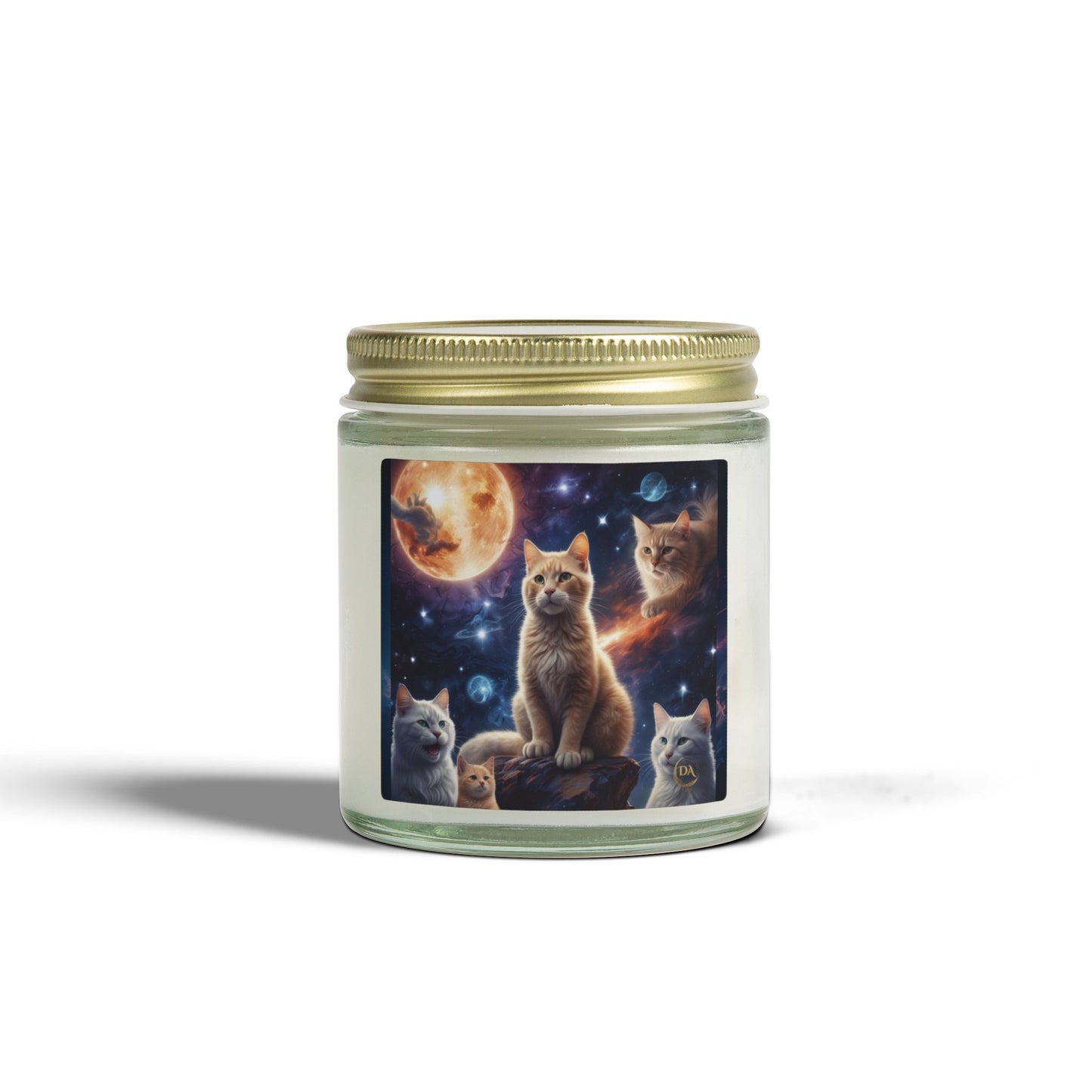 Premium Coconut Apricot Wax Scented Candles, Various Floral & Spice Fragrances (4oz), Spiritual Christmas Holiday Cat Lover Pet Gift, Ginger Tabby & White Cats Galaxy Space Fantasy Cat Art, by Divine Arts
