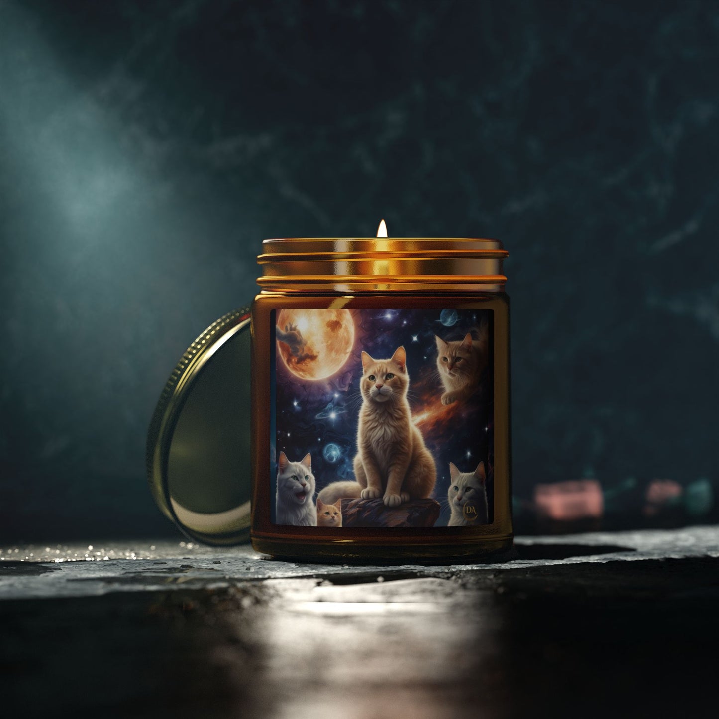 Premium Coconut Apricot Wax Scented Candles, Various Floral & Spice Fragrances (4oz), Spiritual Christmas Holiday Cat Lover Pet Gift, Ginger Tabby & White Cats Galaxy Space Fantasy Cat Art, by Divine Arts