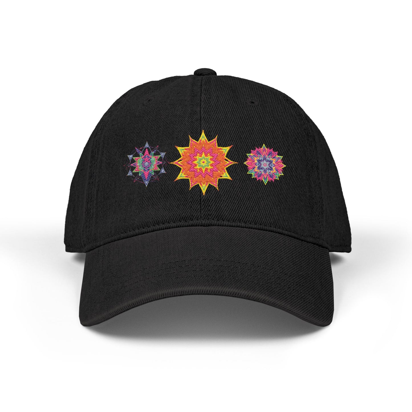 Denim Cap (Embroidery), 100% Cotton, Three Unique Embroidery Merkabas, Neon Galaxy Starry Light, Lotus Jewel Design by Divine Arts