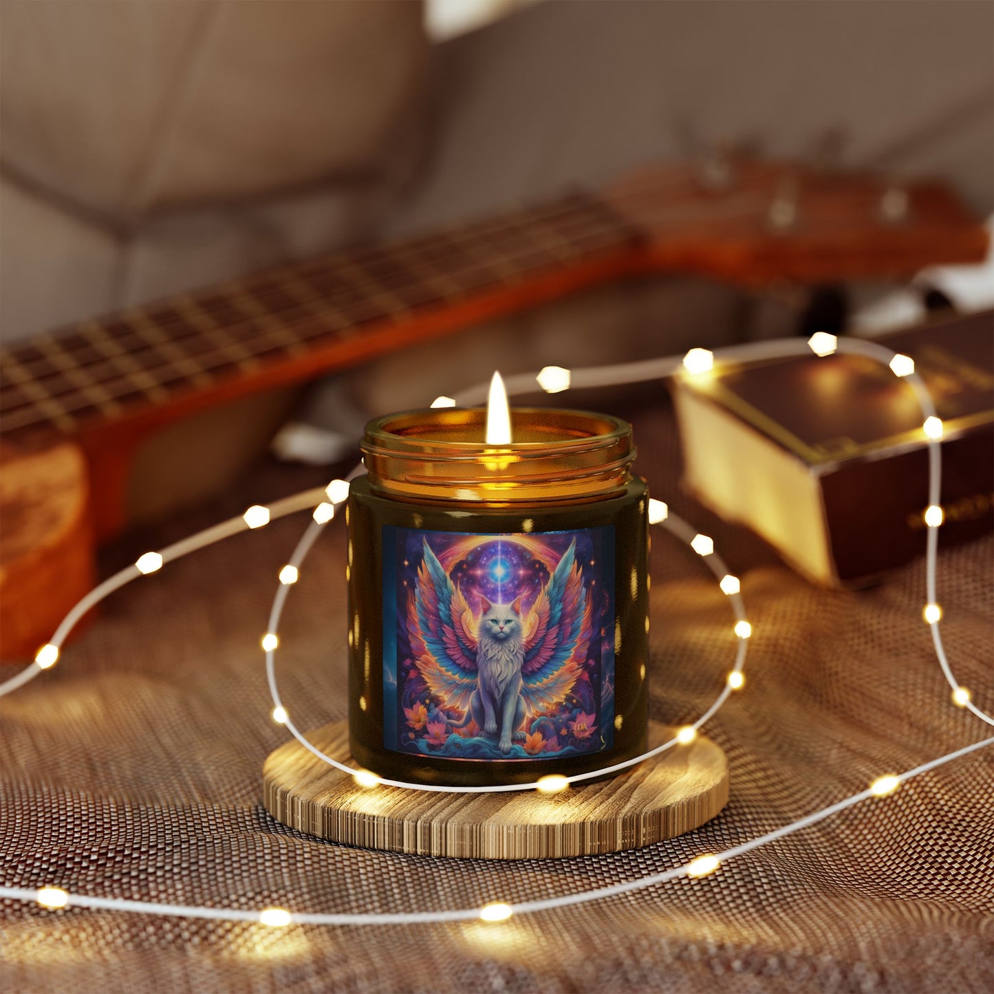 Premium Coconut Apricot Wax Scented Candles, Various Floral & Spice Fragrances (4oz), Spiritual Christmas Holiday Cat Lover Pet Gift, Galaxy Space White Angel Cat Art, by Divine Arts