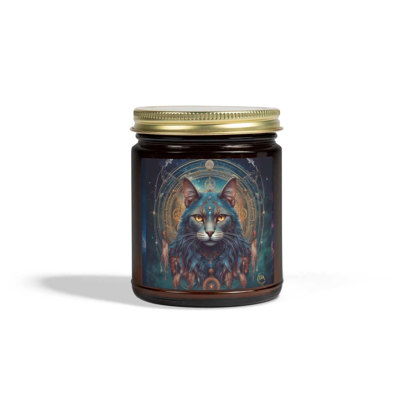 Premium Coconut Apricot Wax Scented Candles, Various Floral & Spice Fragrances (4oz), Spiritual Christmas Holiday Cat Lover Pet Gift, Gray Cat Galaxy Space Fantasy Tribal Art, by Divine Arts