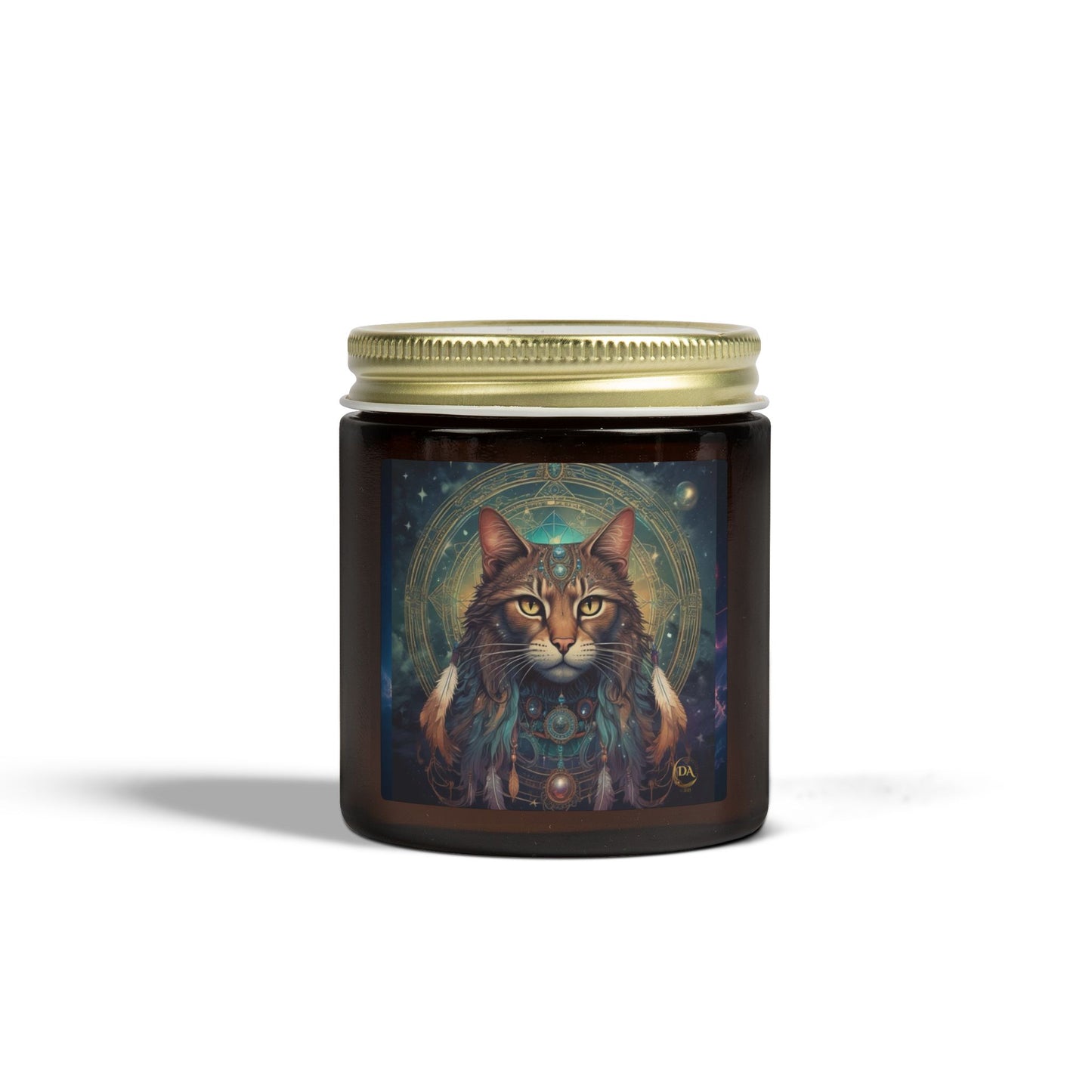 Premium Coconut Apricot Wax Scented Candles, Various Floral & Spice Fragrances (4oz), Spiritual Christmas Holiday Cat Lover Pet Gift, Brown Tabby Cat Galaxy Space Fantasy Tribal Art, by Divine Arts