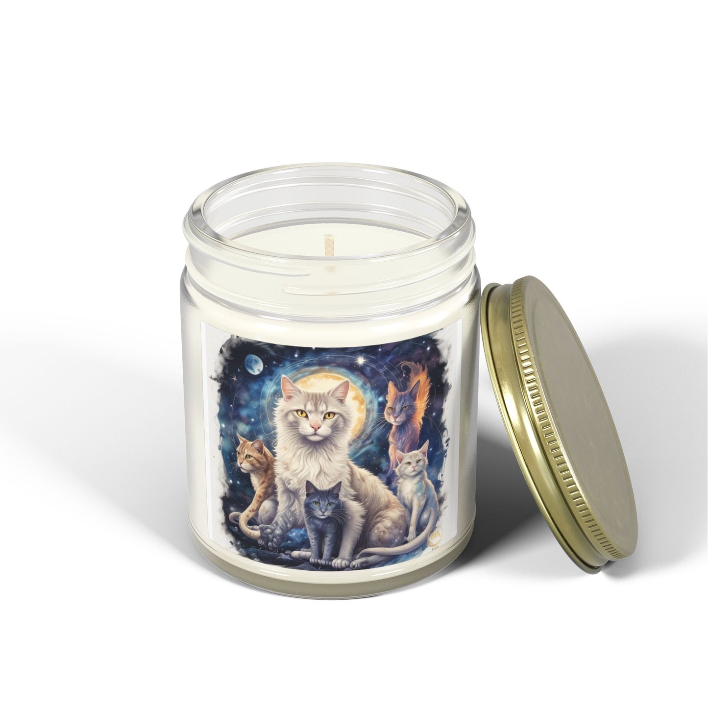 Premium Coconut Apricot Wax Scented Candles, Various Floral & Spice Fragrances (4oz), Spiritual Christmas Holiday Cat Lover Pet Gift, Ginger, White, Gray & Brown Cats Galaxy Space Fantasy Cat Art, by Divine Arts