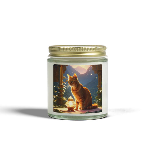 Premium Coconut Apricot Wax Scented Candles, Various Floral & Spice Fragrances (4oz), Spiritual Christmas Holiday Cat Lover Pet Gift, Ginger Tabby Cat Buddhist Diamond Sutra Temple Art, by Divine Arts