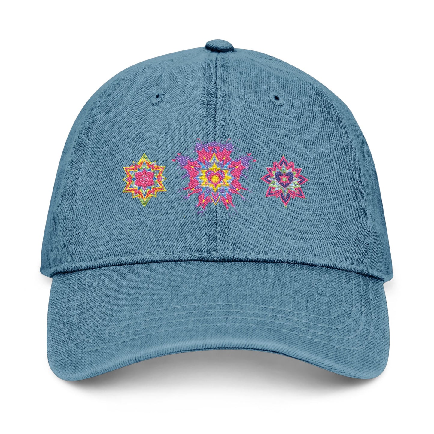 Denim Cap (Embroidery), 100% Cotton, Three Unique Embroidery Merkabas, Neon Galaxy Starry Light, Lotus Jewel Design by Divine Arts
