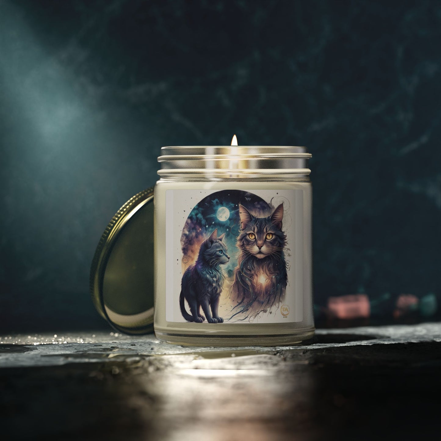 Premium Coconut Apricot Wax Scented Candles, Various Floral & Spice Fragrances (4oz), Spiritual Christmas Holiday Cat Lover Pet Gift, Ginger, White, Brown Tabby & Gray Cats Galaxy Space Fantasy Cat Art, by Divine Arts