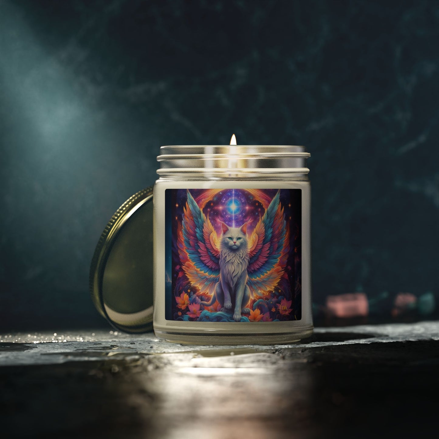Premium Coconut Apricot Wax Scented Candles, Various Floral & Spice Fragrances (4oz), Spiritual Christmas Holiday Cat Lover Pet Gift, Galaxy Space White Angel Cat Art, by Divine Arts