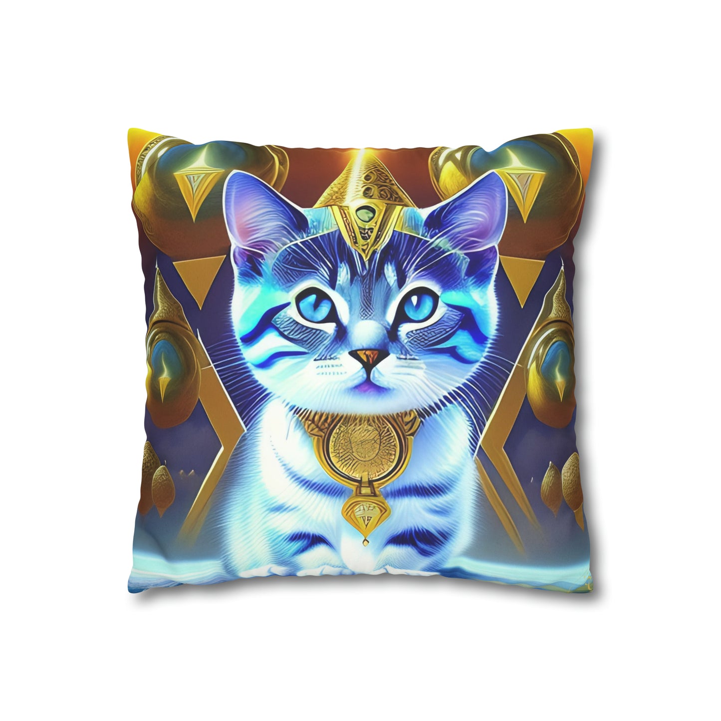 Divine Arts Faux Suede Double-Sided Square Pillow Case in Four Sizes - Fantasy Galaxy Space Cat Lover Male Gray and White Tabby Kitten with Blue Eyes in Golden Merkaba Chamber Wielding the Merkab