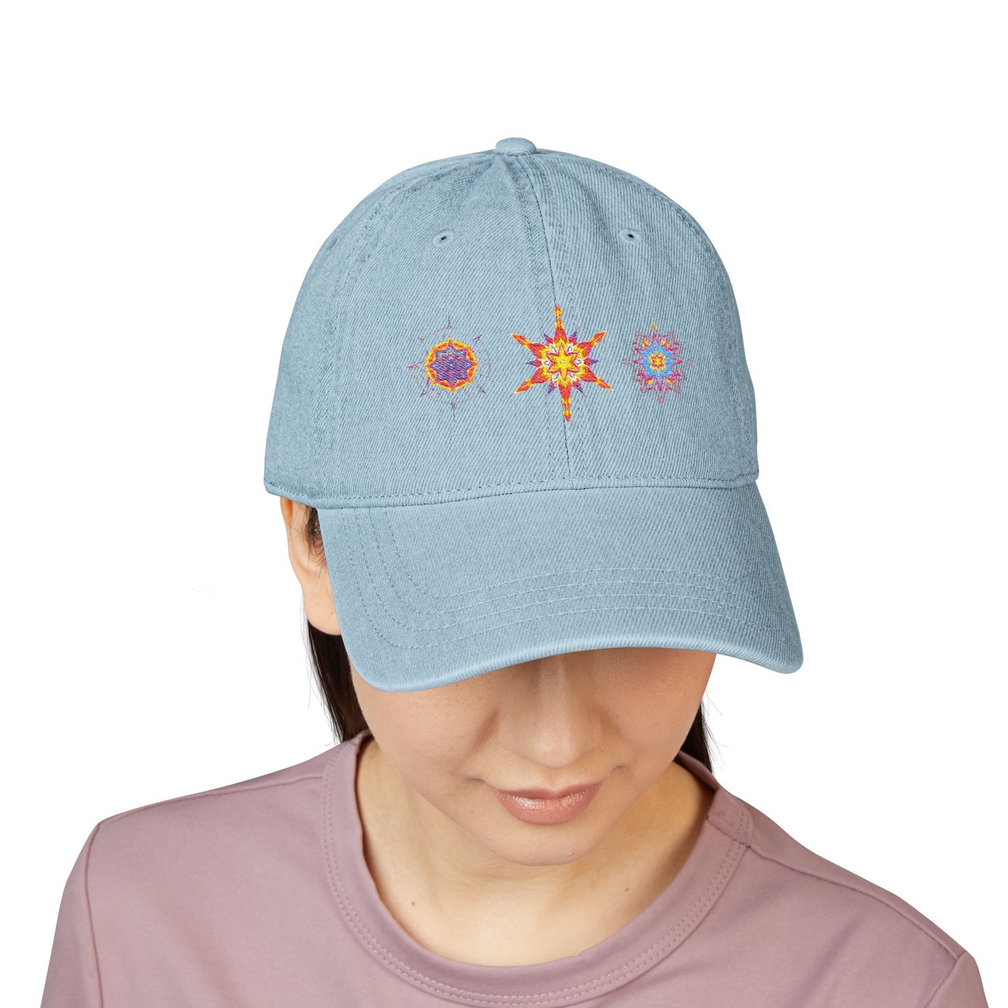 Denim Cap (Embroidery), 100% Cotton, Three Unique Embroidery Merkabas, Neon Galaxy Starry Light, Lotus Jewel Design by Divine Arts