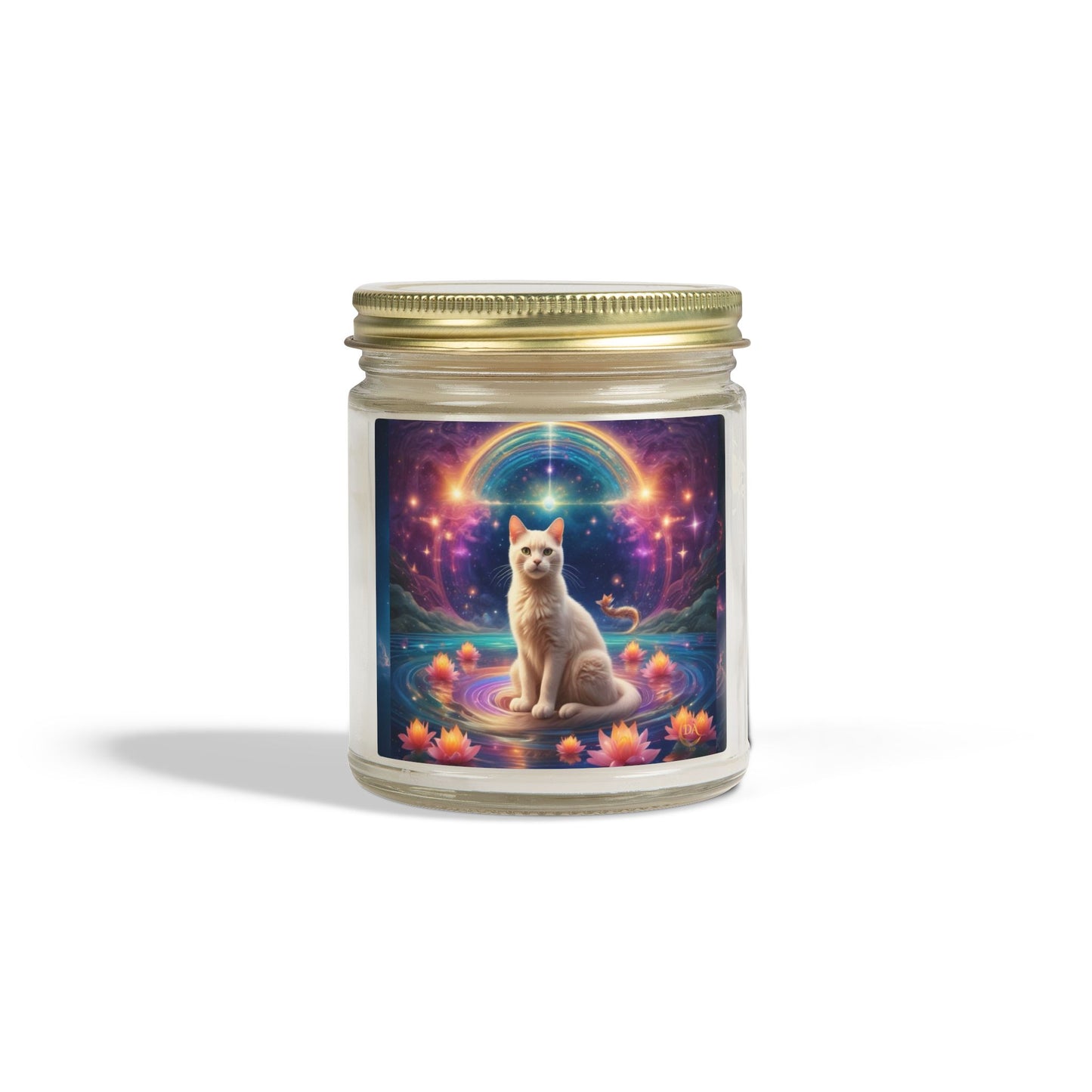 Premium Coconut Apricot Wax Scented Candles, Various Floral & Spice Fragrances (4oz), Spiritual Christmas Holiday Cat Lover Pet Gift, White Brown Cat in Sparkling Rainbow Lotus Field Pool, Fantasy Galaxy Space Cat Art , by Divine Arts