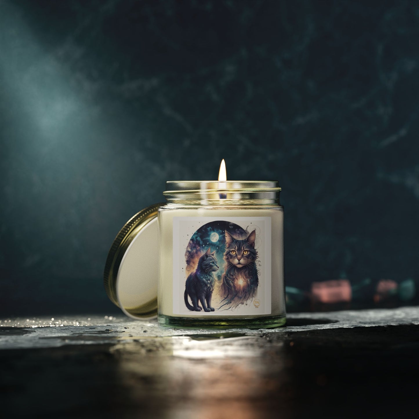 Premium Coconut Apricot Wax Scented Candles, Various Floral & Spice Fragrances (4oz), Spiritual Christmas Holiday Cat Lover Pet Gift, Ginger, White, Brown Tabby & Gray Cats Galaxy Space Fantasy Cat Art, by Divine Arts