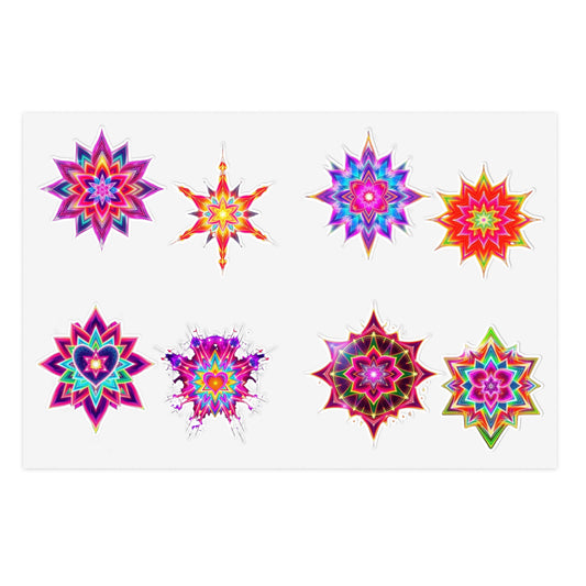 Kaleidoscope Starburst Vinyl Sticker Sheet (6x4) — Colorful Galaxy Art, White Transparent Holographic Die Cut Merkaba Decals by Divine Arts