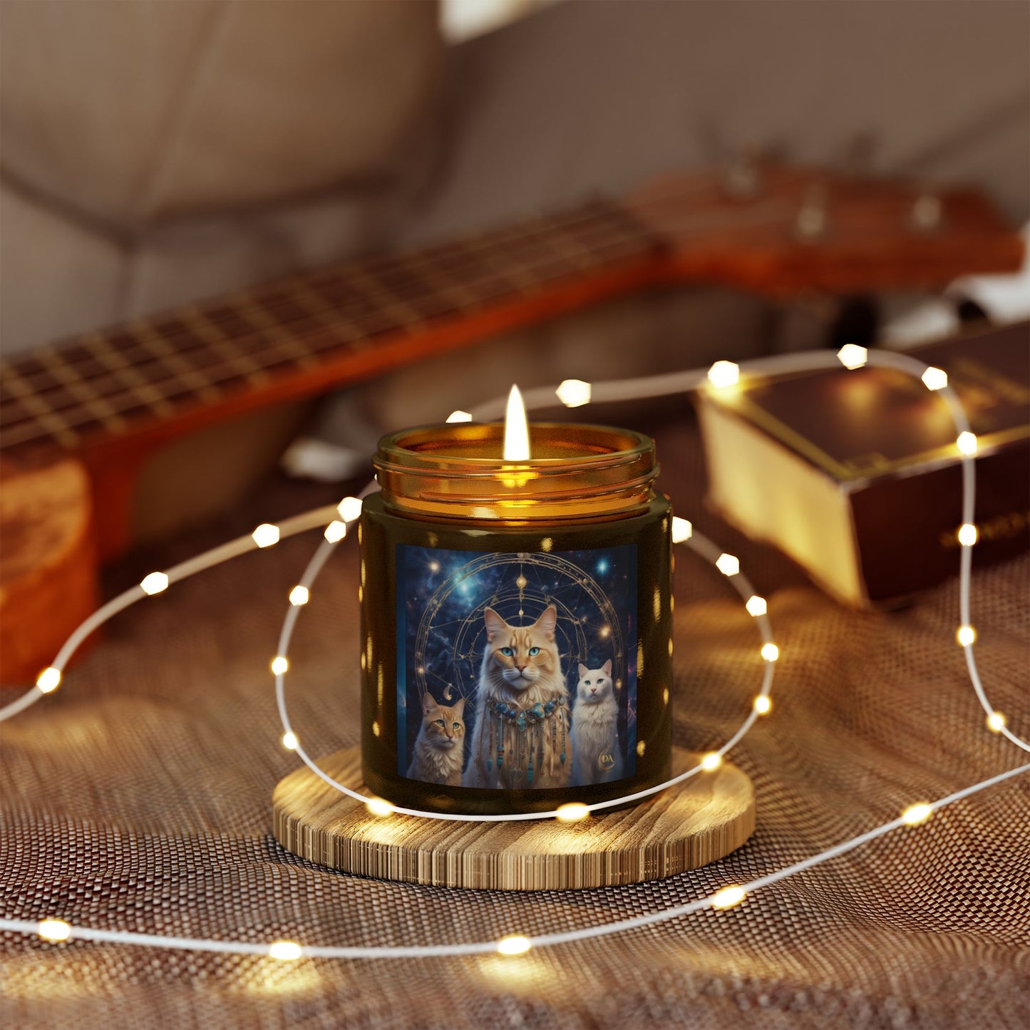 Premium Coconut Apricot Wax Scented Candles, Various Floral & Spice Fragrances (4oz), Spiritual Christmas Holiday Cat Lover Pet Gift, Ginger & White Cats Galaxy Space Fantasy Tribal Art, by Divine Arts