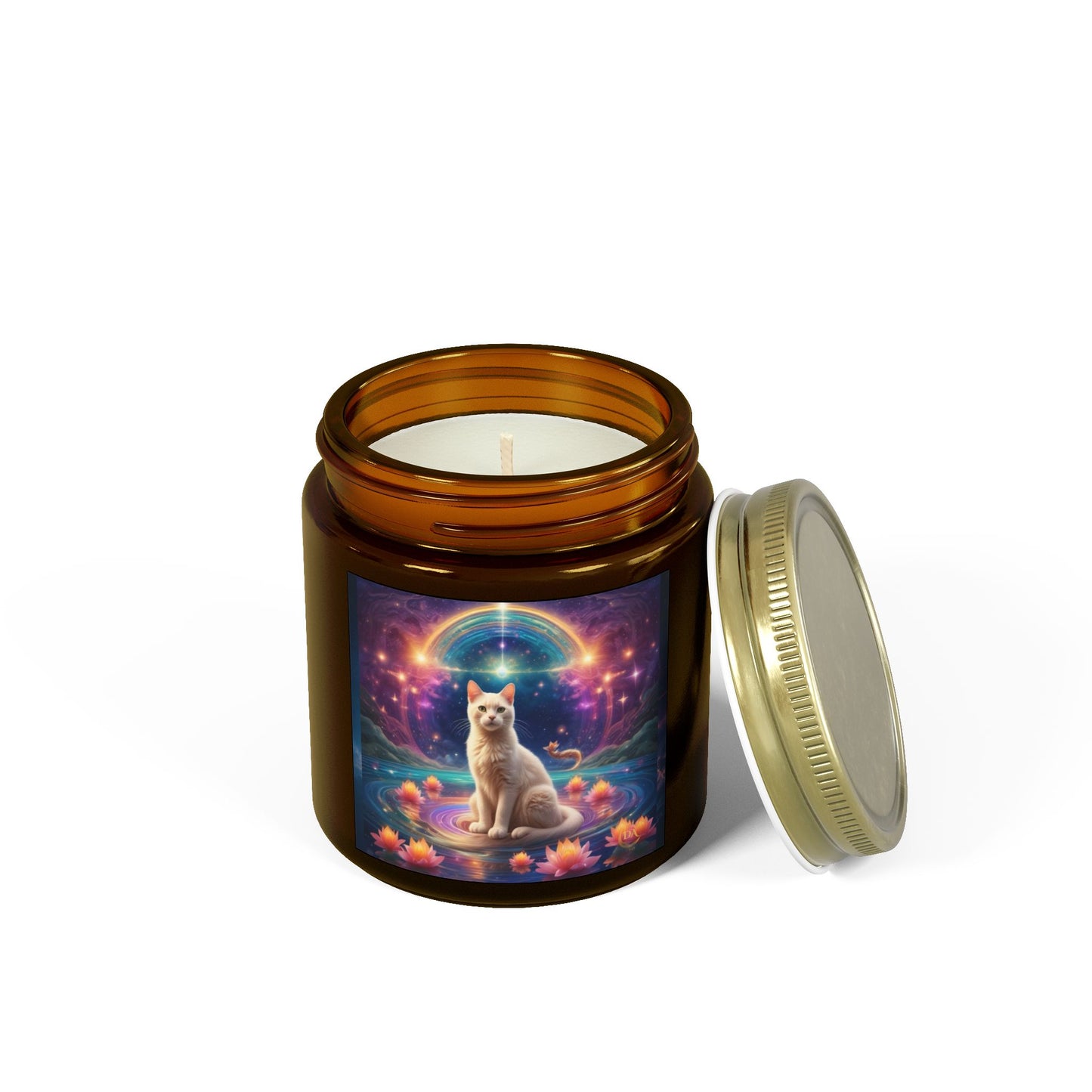 Premium Coconut Apricot Wax Scented Candles, Various Floral & Spice Fragrances (4oz), Spiritual Christmas Holiday Cat Lover Pet Gift, White Brown Cat in Sparkling Rainbow Lotus Field Pool, Fantasy Galaxy Space Cat Art , by Divine Arts