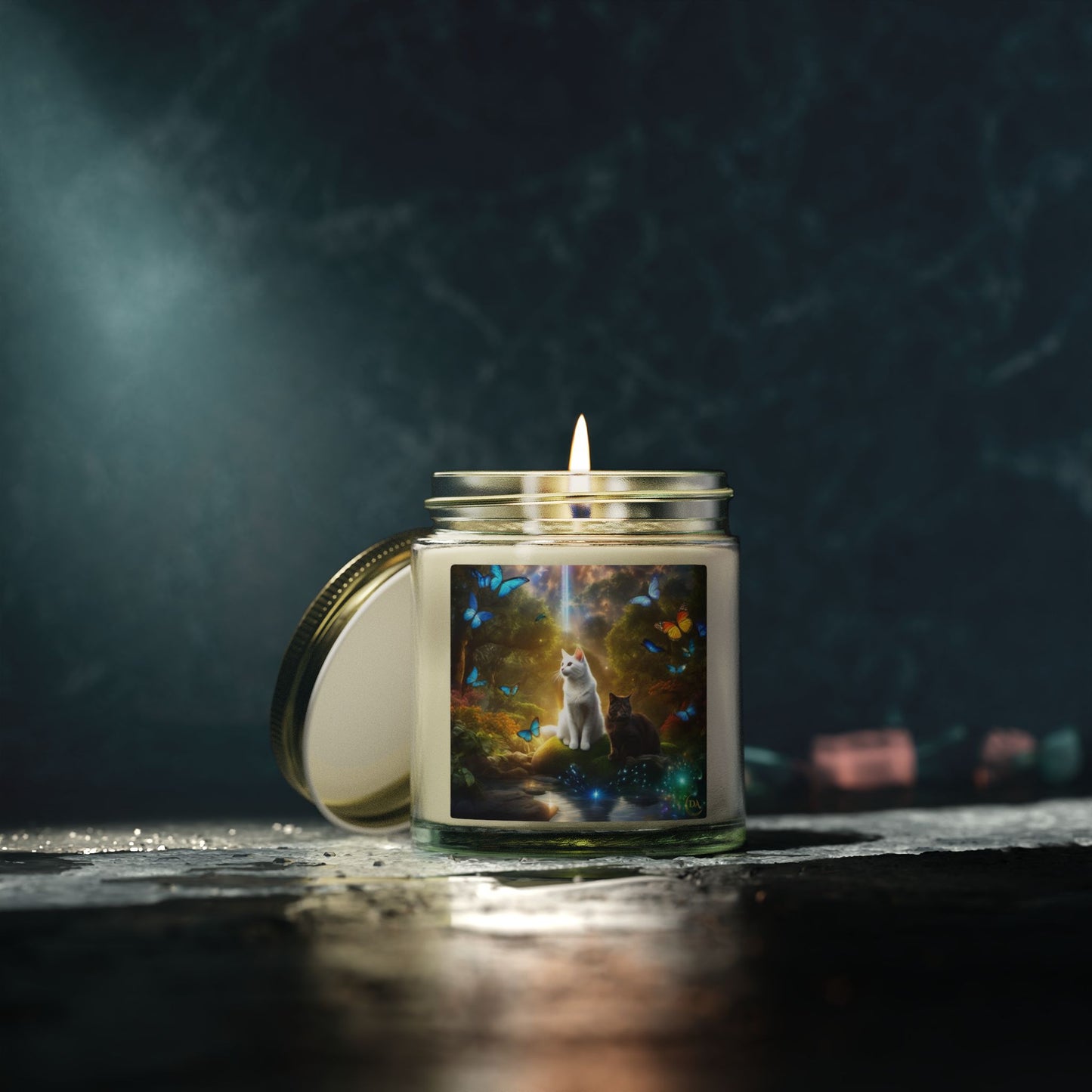 Premium Coconut Apricot Wax Scented Candles, Various Floral & Spice Fragrances (4oz), Spiritual Christmas Holiday Cat Lover Pet Gift, Black & White Cats in Nature Butterflies Scene Fairytale Fantasy Art, by Divine Arts