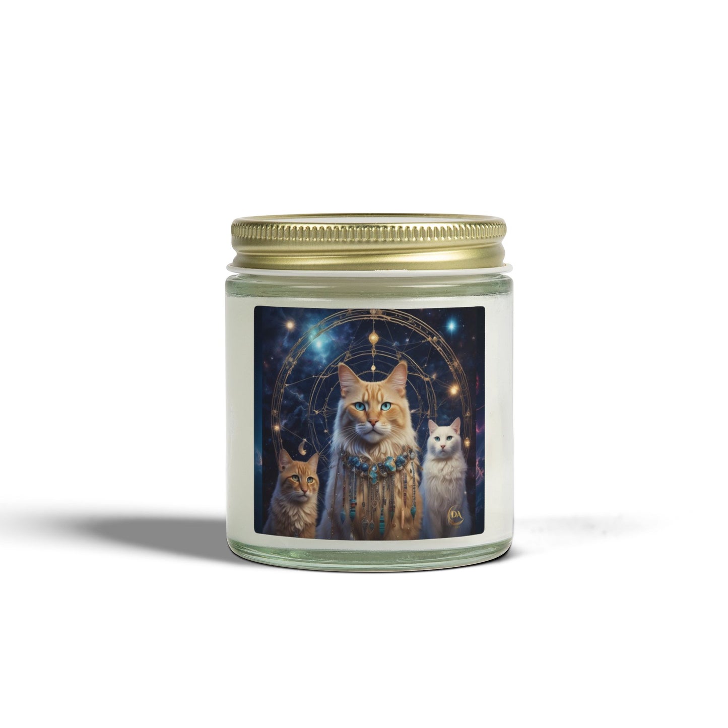 Premium Coconut Apricot Wax Scented Candles, Various Floral & Spice Fragrances (4oz), Spiritual Christmas Holiday Cat Lover Pet Gift, Ginger & White Cats Galaxy Space Fantasy Tribal Art, by Divine Arts