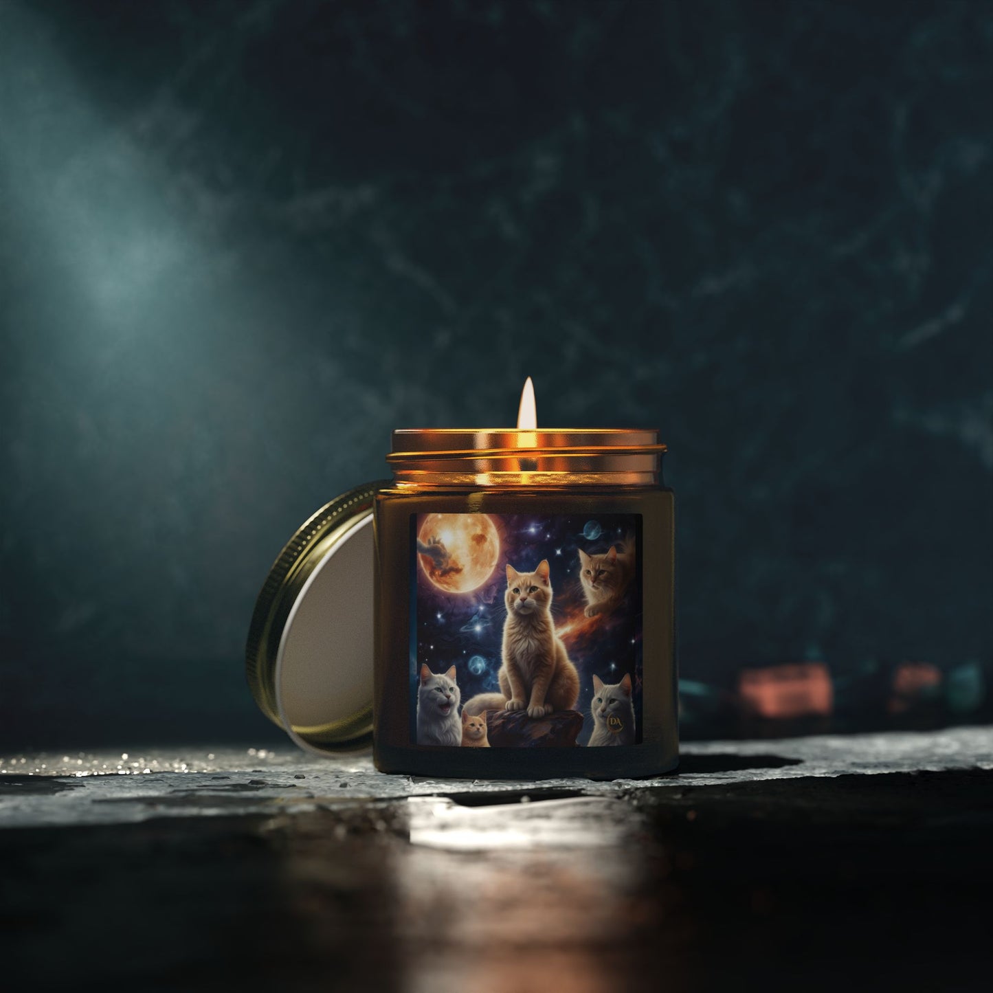 Premium Coconut Apricot Wax Scented Candles, Various Floral & Spice Fragrances (4oz), Spiritual Christmas Holiday Cat Lover Pet Gift, Ginger Tabby & White Cats Galaxy Space Fantasy Cat Art, by Divine Arts