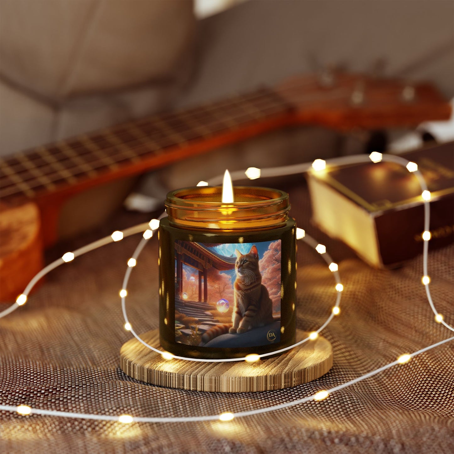 Premium Coconut Apricot Wax Scented Candles, Various Floral & Spice Fragrances (4oz), Spiritual Christmas Holiday Cat Lover Pet Gift, Ginger Tabby Cat Buddhist Diamond Sutra Temple Art, by Divine Arts