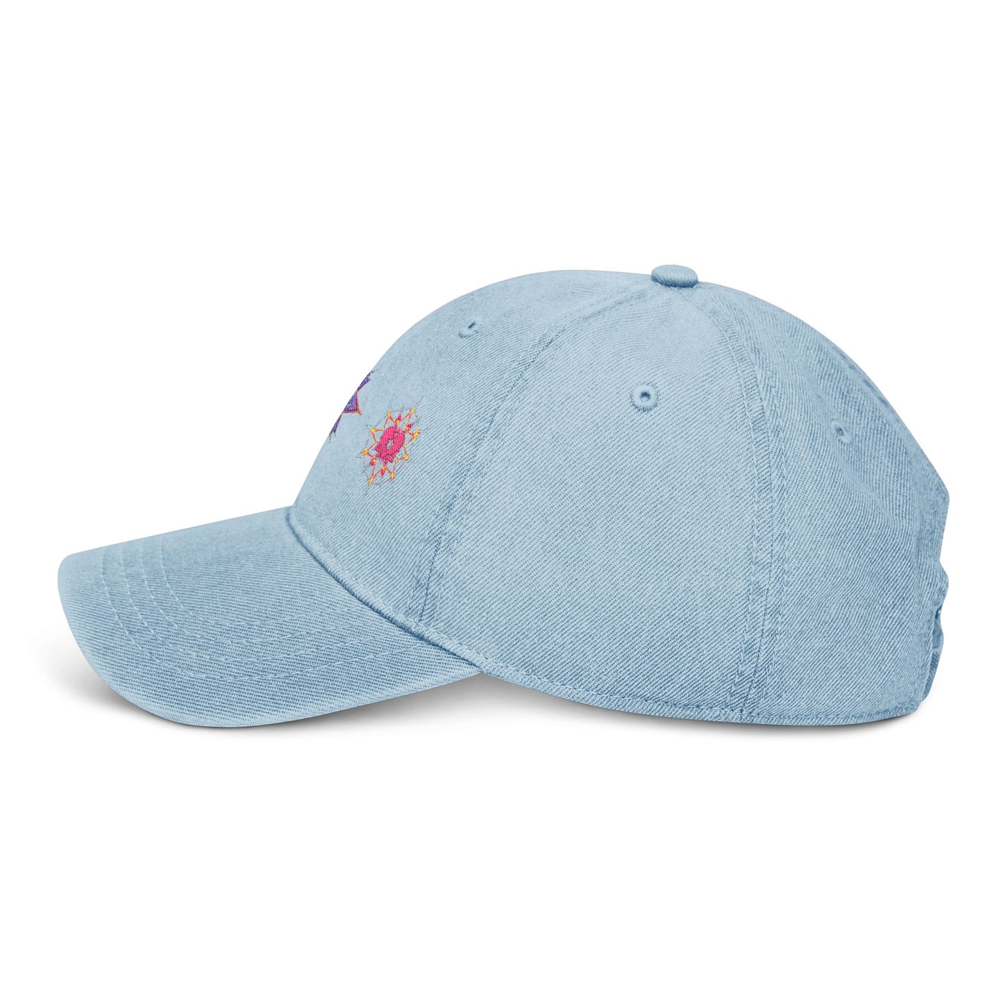 Denim Cap (Embroidery), 100% Cotton, Three Unique Embroidery Merkabas, Neon Galaxy Starry Light, Lotus Jewel Design by Divine Arts