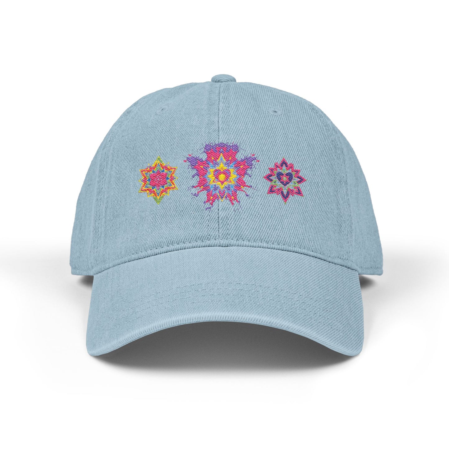 Denim Cap (Embroidery), 100% Cotton, Three Unique Embroidery Merkabas, Neon Galaxy Starry Light, Lotus Jewel Design by Divine Arts