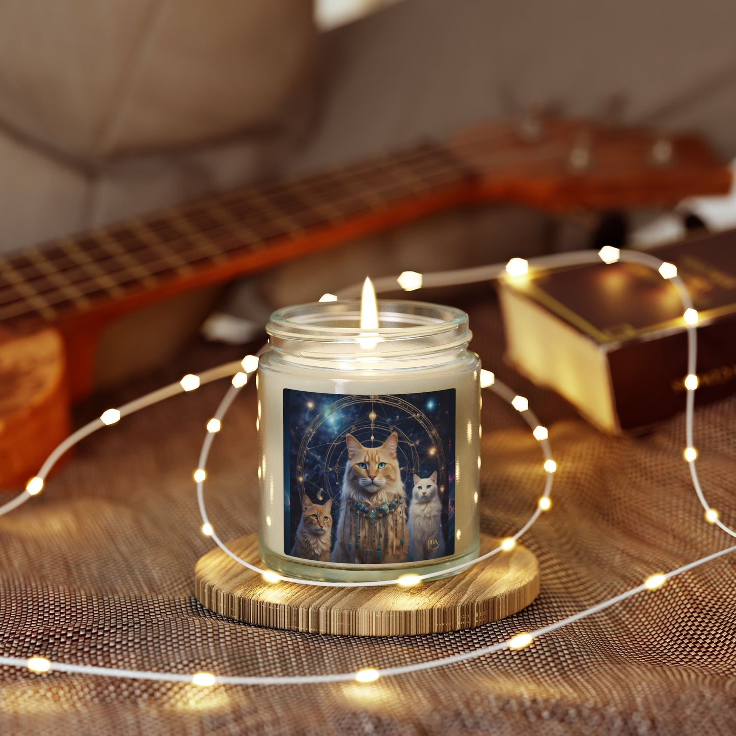 Premium Coconut Apricot Wax Scented Candles, Various Floral & Spice Fragrances (4oz), Spiritual Christmas Holiday Cat Lover Pet Gift, Ginger & White Cats Galaxy Space Fantasy Tribal Art, by Divine Arts