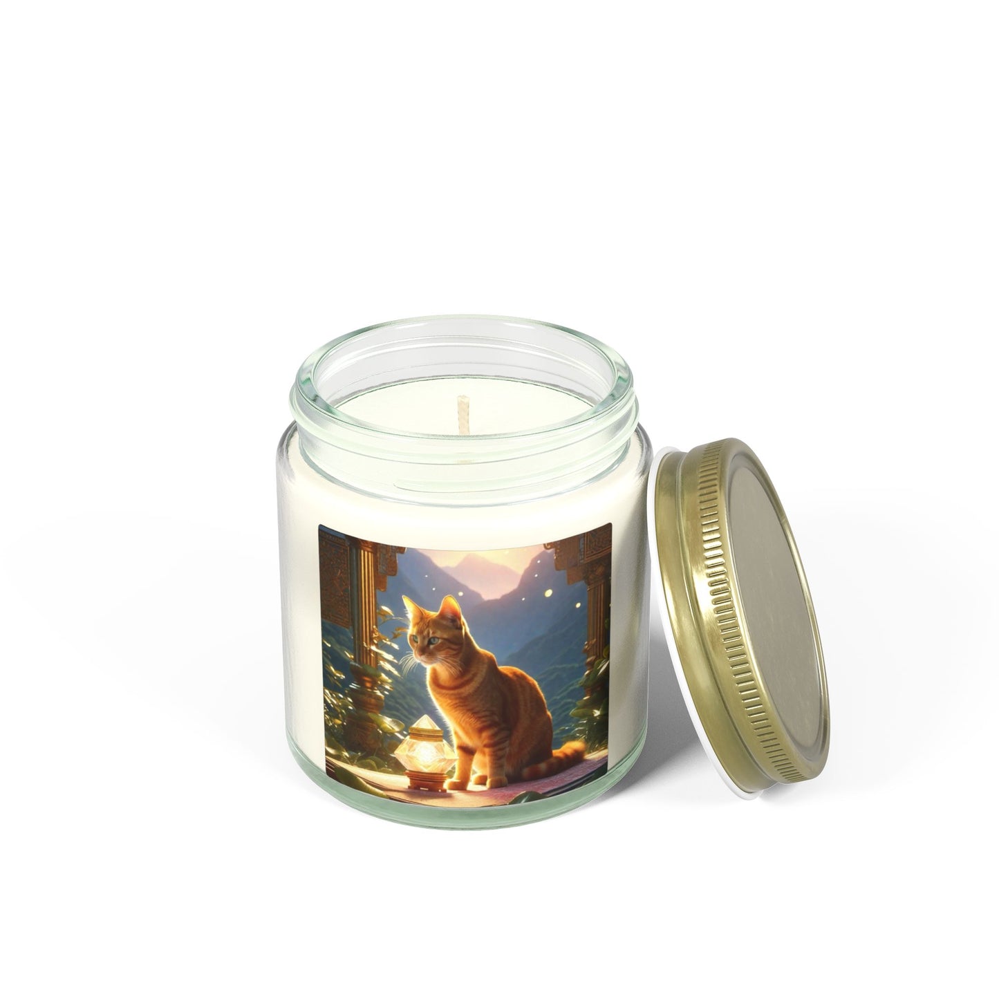 Premium Coconut Apricot Wax Scented Candles, Various Floral & Spice Fragrances (4oz), Spiritual Christmas Holiday Cat Lover Pet Gift, Ginger Tabby Cat Buddhist Diamond Sutra Temple Art, by Divine Arts