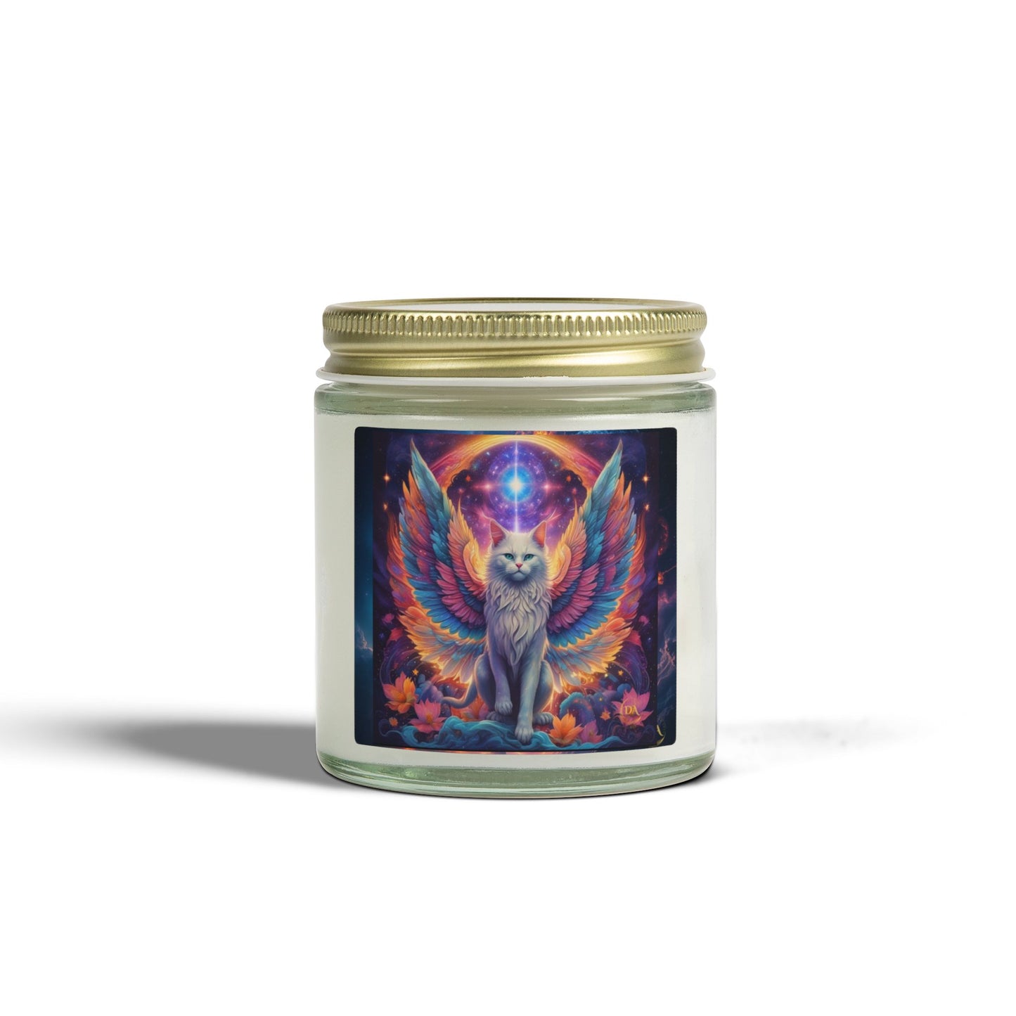 Premium Coconut Apricot Wax Scented Candles, Various Floral & Spice Fragrances (4oz), Spiritual Christmas Holiday Cat Lover Pet Gift, Galaxy Space White Angel Cat Art, by Divine Arts