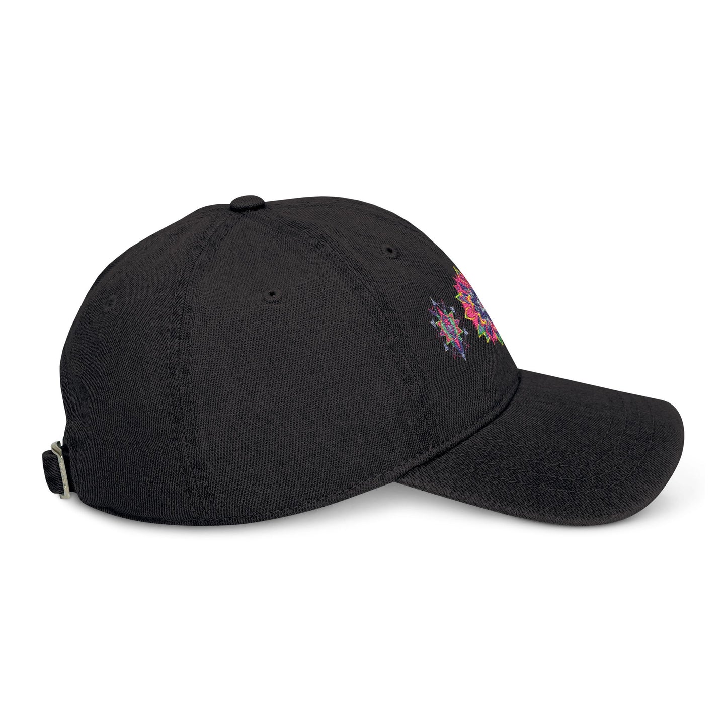 Denim Cap (Embroidery), 100% Cotton, Three Unique Embroidery Merkabas, Neon Galaxy Starry Light, Lotus Jewel Design by Divine Arts