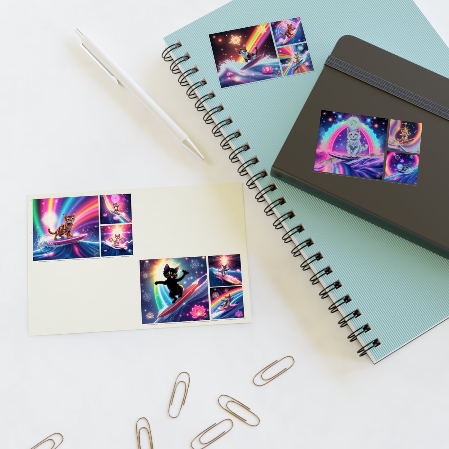 Cosmic Surfing Cat Sticker Sheets (6" x 4") — Rainbow Lotus Light Sacred Geomtry Galaxy Cat Decals by Divine Arts