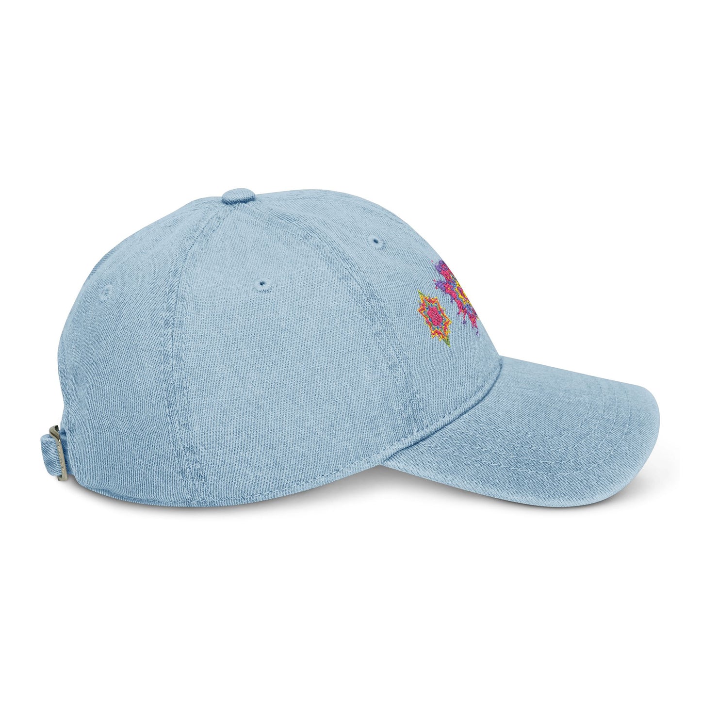 Denim Cap (Embroidery), 100% Cotton, Three Unique Embroidery Merkabas, Neon Galaxy Starry Light, Lotus Jewel Design by Divine Arts