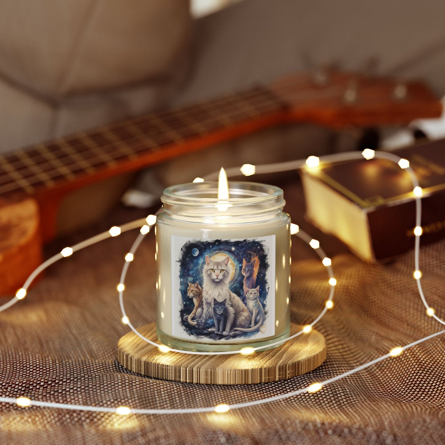 Premium Coconut Apricot Wax Scented Candles, Various Floral & Spice Fragrances (4oz), Spiritual Christmas Holiday Cat Lover Pet Gift, Ginger, White, Gray & Brown Cats Galaxy Space Fantasy Cat Art, by Divine Arts