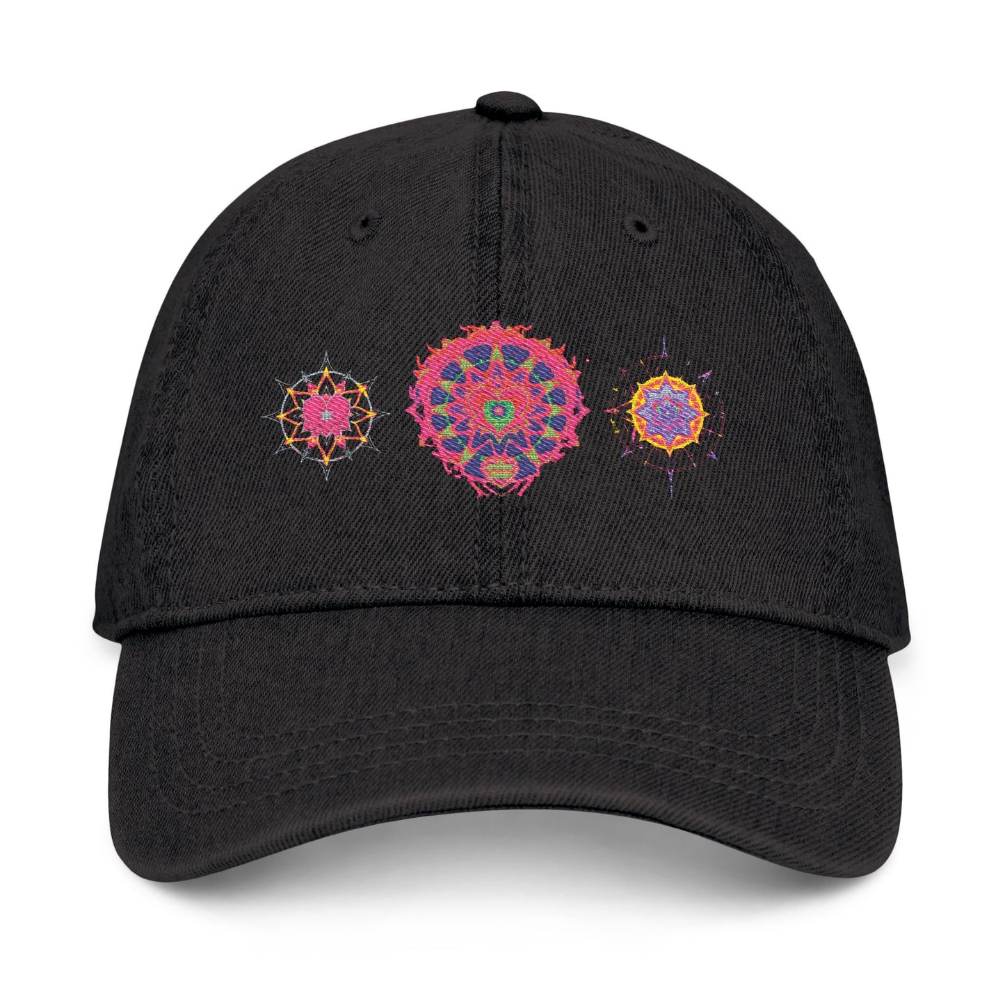 Denim Cap (Embroidery), 100% Cotton, Three Unique Embroidery Merkabas, Neon Galaxy Starry Light, Lotus Jewel Design by Divine Arts