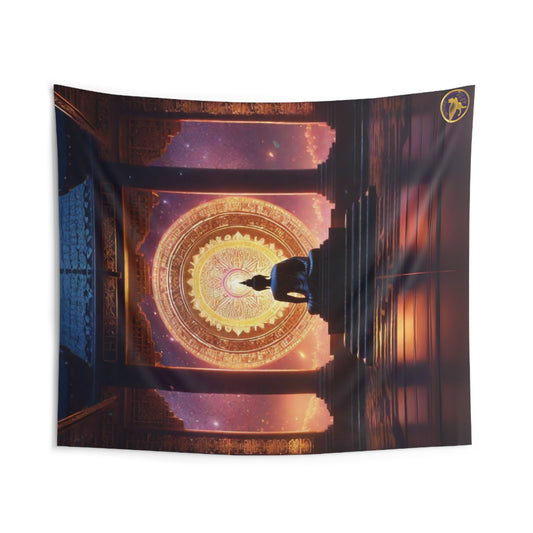 Indoor Polyester Wall Tapestry (88"X 104"), Buddha in Samadhi Bliss Meditation in an Open Temple Amidst Large Golden Mandala Background Design & Lavendar Pink Glowing Night, Diamond Sutra Art, by Divine Arts