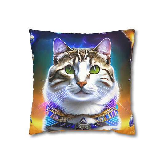 Divine Arts Faux Suede Double-Sided Square Pillow Case - Fantasy Galaxy Space Cat Lover Male Gray & Brown Tabby Cat with Green Eyes with Blue, Green & Orange Aura and Ornate Light Blue and Purple Crystal Collar Merkaba Pillow Cover in Four Sizes