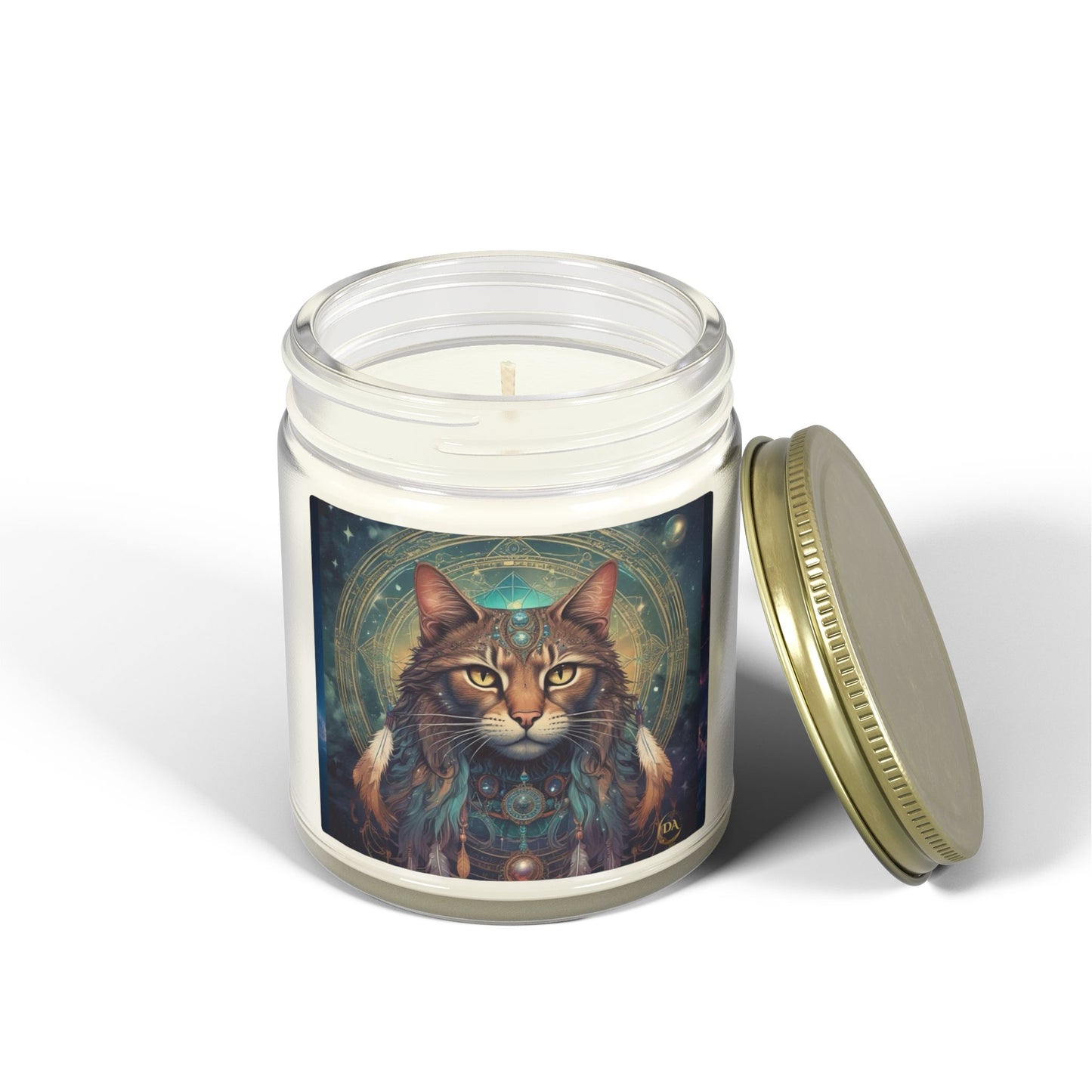 Premium Coconut Apricot Wax Scented Candles, Various Floral & Spice Fragrances (4oz), Spiritual Christmas Holiday Cat Lover Pet Gift, Brown Tabby Cat Galaxy Space Fantasy Tribal Art, by Divine Arts