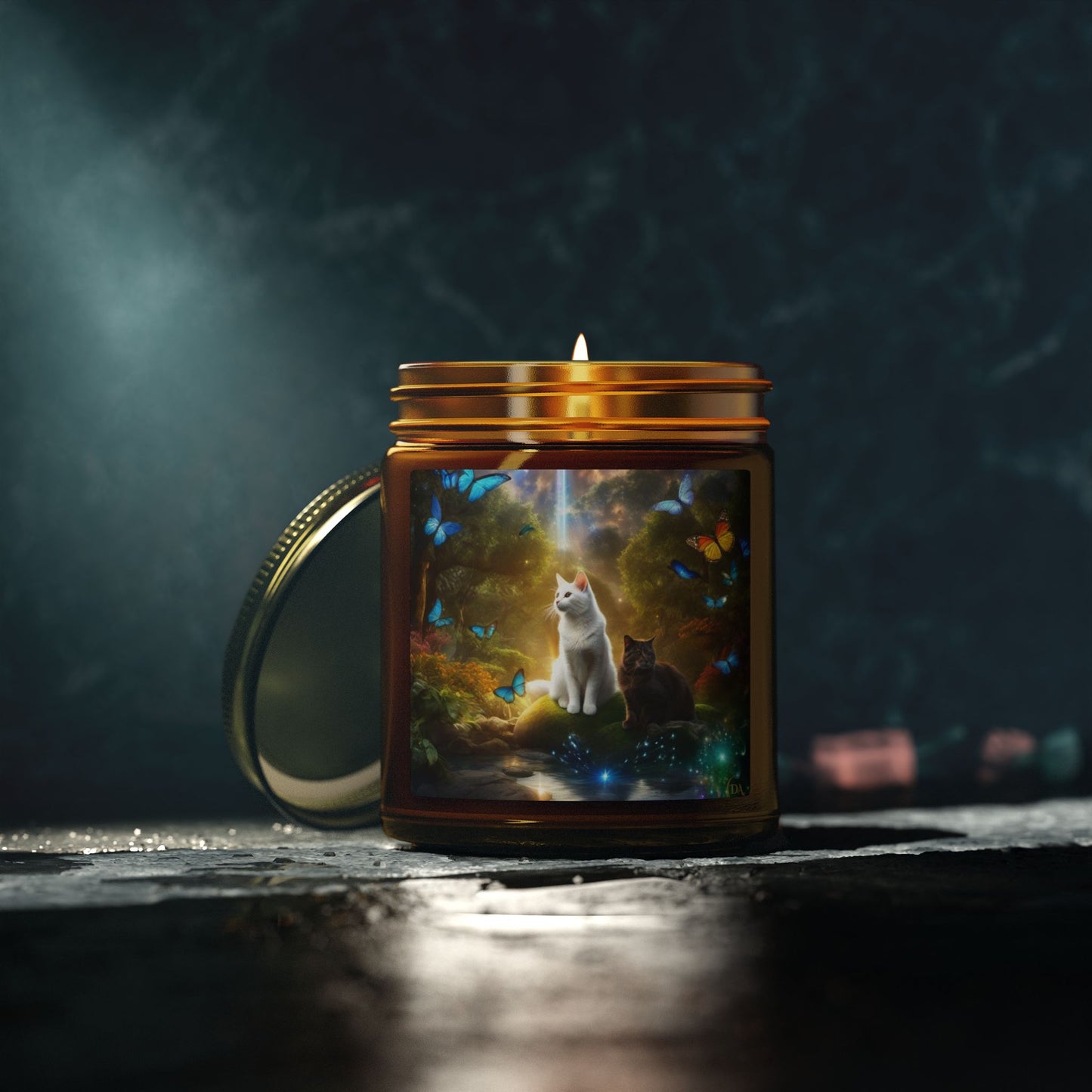 Premium Coconut Apricot Wax Scented Candles, Various Floral & Spice Fragrances (4oz), Spiritual Christmas Holiday Cat Lover Pet Gift, Black & White Cats in Nature Butterflies Scene Fairytale Fantasy Art, by Divine Arts