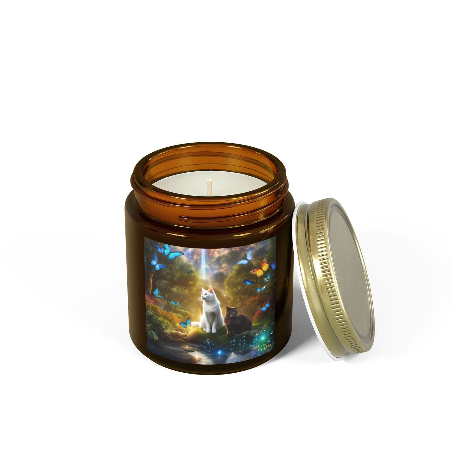Premium Coconut Apricot Wax Scented Candles, Various Floral & Spice Fragrances (4oz), Spiritual Christmas Holiday Cat Lover Pet Gift, Black & White Cats in Nature Butterflies Scene Fairytale Fantasy Art, by Divine Arts