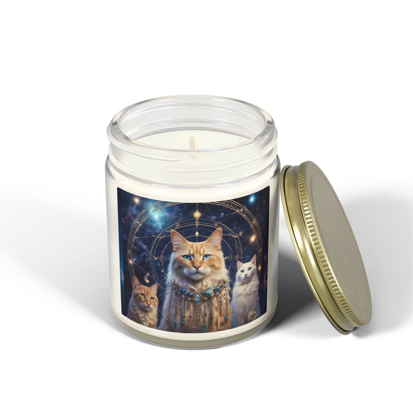 Premium Coconut Apricot Wax Scented Candles, Various Floral & Spice Fragrances (4oz), Spiritual Christmas Holiday Cat Lover Pet Gift, Ginger & White Cats Galaxy Space Fantasy Tribal Art, by Divine Arts
