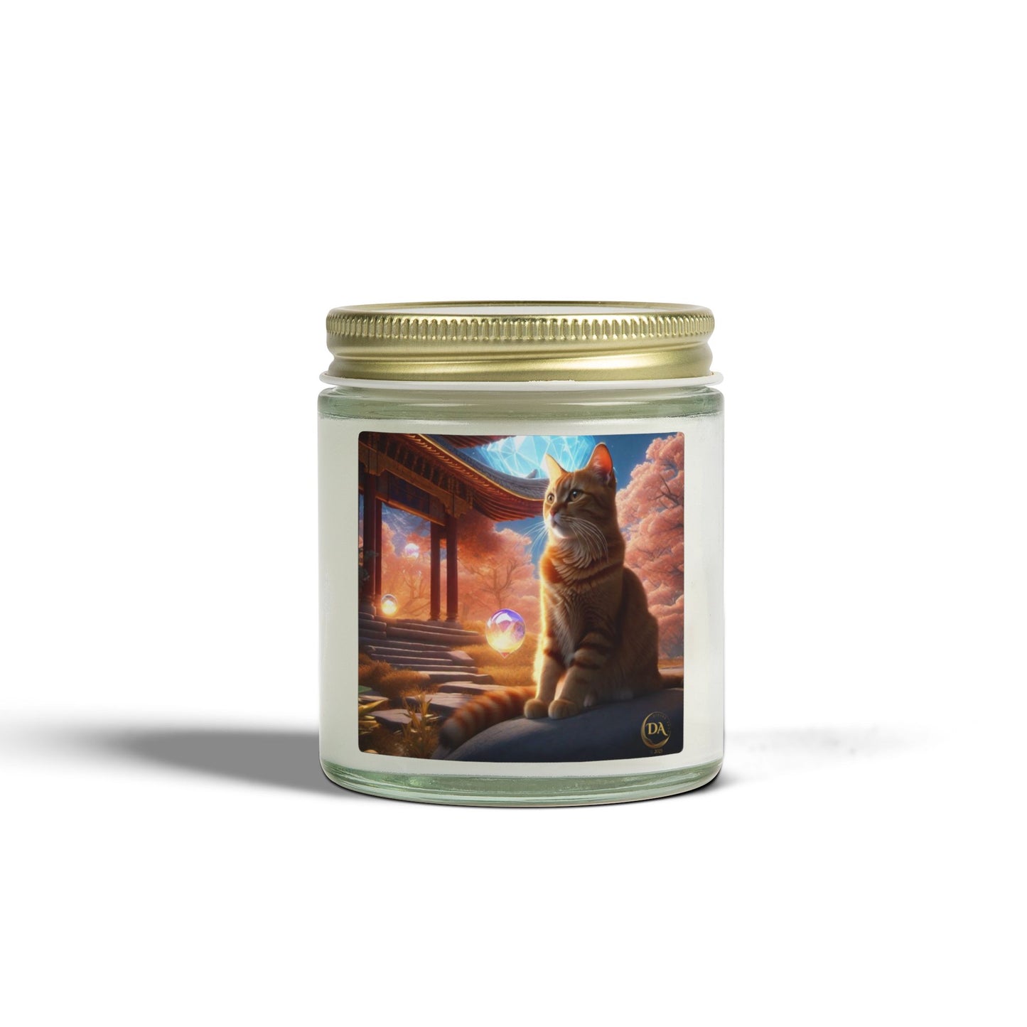 Premium Coconut Apricot Wax Scented Candles, Various Floral & Spice Fragrances (4oz), Spiritual Christmas Holiday Cat Lover Pet Gift, Ginger Tabby Cat Buddhist Diamond Sutra Temple Art, by Divine Arts