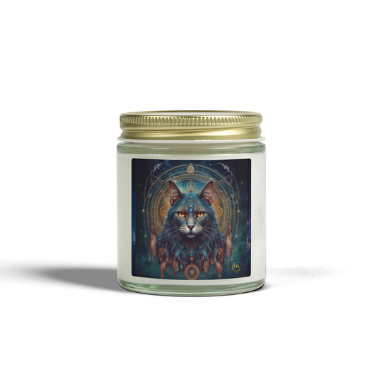 Premium Coconut Apricot Wax Scented Candles, Various Floral & Spice Fragrances (4oz), Spiritual Christmas Holiday Cat Lover Pet Gift, Gray Cat Galaxy Space Fantasy Tribal Art, by Divine Arts