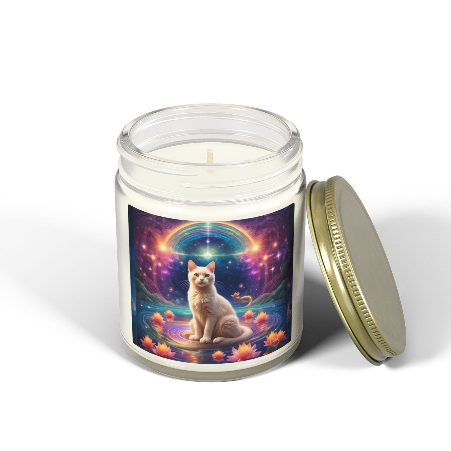 Premium Coconut Apricot Wax Scented Candles, Various Floral & Spice Fragrances (4oz), Spiritual Christmas Holiday Cat Lover Pet Gift, White Brown Cat in Sparkling Rainbow Lotus Field Pool, Fantasy Galaxy Space Cat Art , by Divine Arts